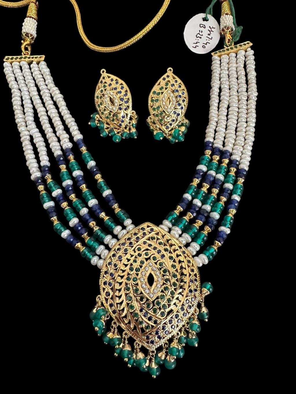 Emerald sapphire pearl jadau silver necklace set with gold plating ( READY TO SHIP )