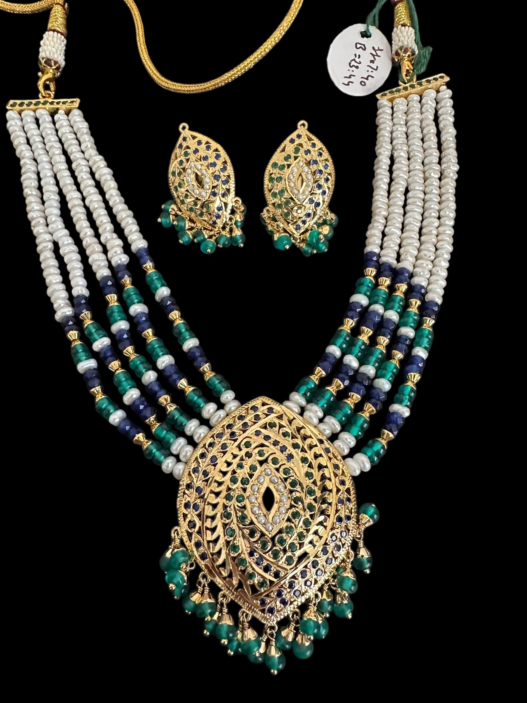 Emerald sapphire pearl jadau silver necklace set with gold plating ( READY TO SHIP )