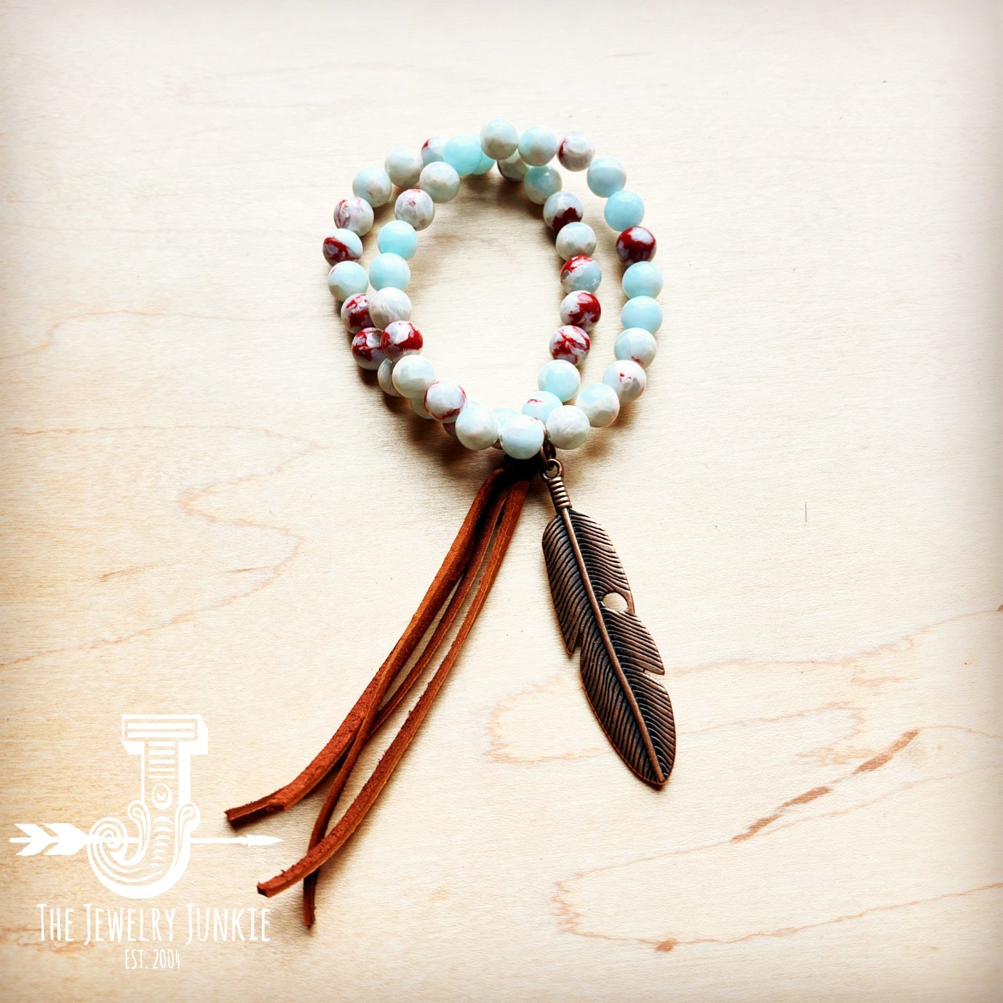 Aqua Terra Jasper Beaded Bracelet w/ vegan Tassel 019H