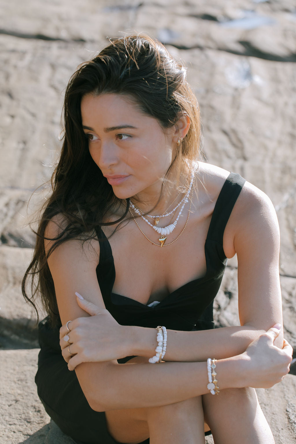 Gold Puka Shell Pearl Bead Necklace - Maka