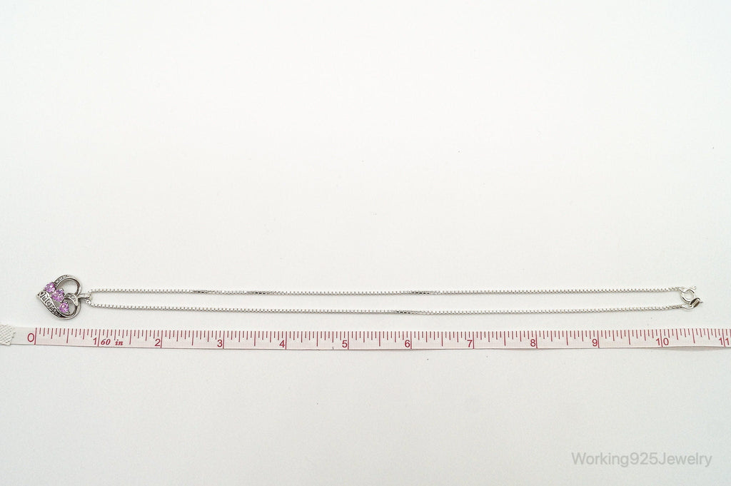 Vintage Pink Topaz Two Diamond Heart Mom Sterling Silver Necklace