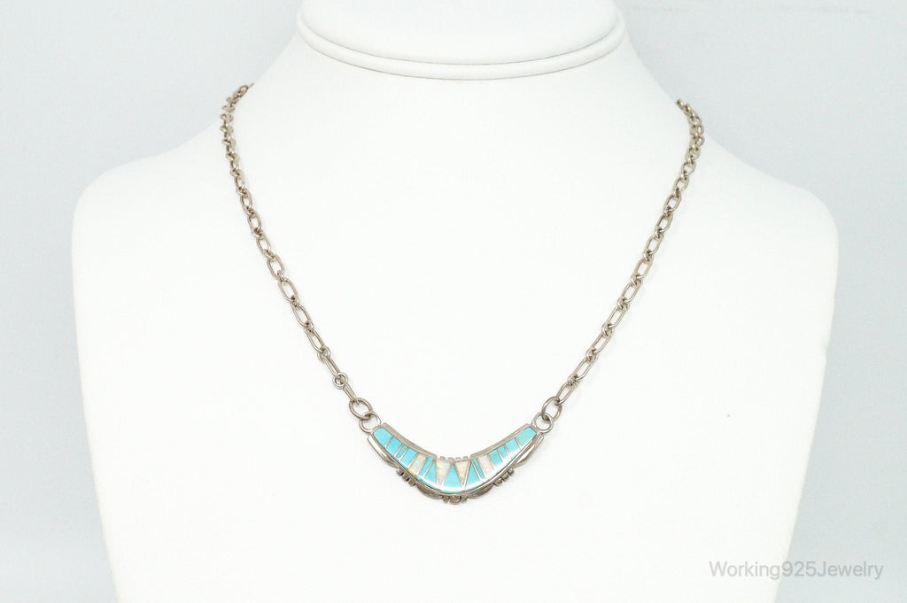 Vintage Native American Turquoise Opal Inlay Sterling Silver Necklace
