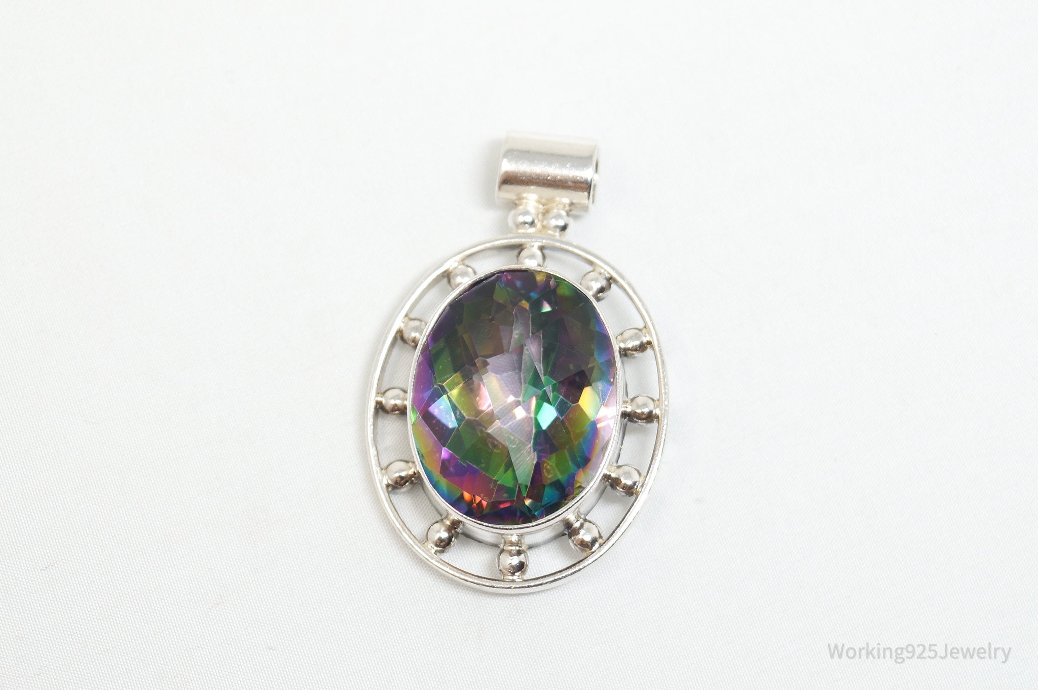 Vintage Large Mystic Topaz Sterling Silver Necklace Pendant