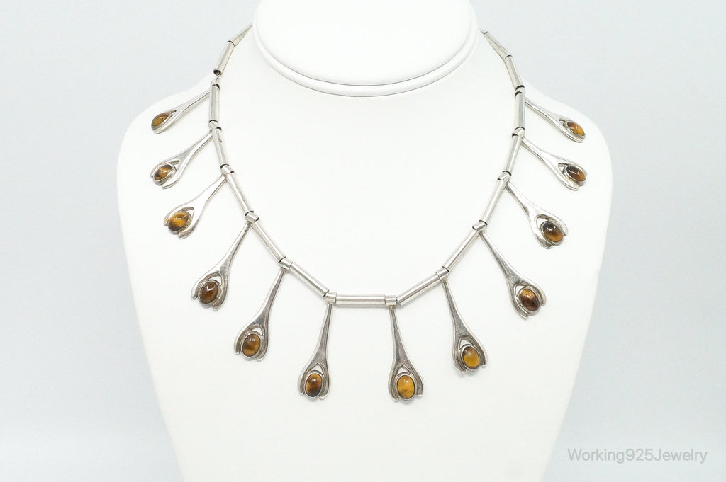 Vintage Taxco Mexico Designer VSA Tigers Eye Modernist Sterling Silver Necklace