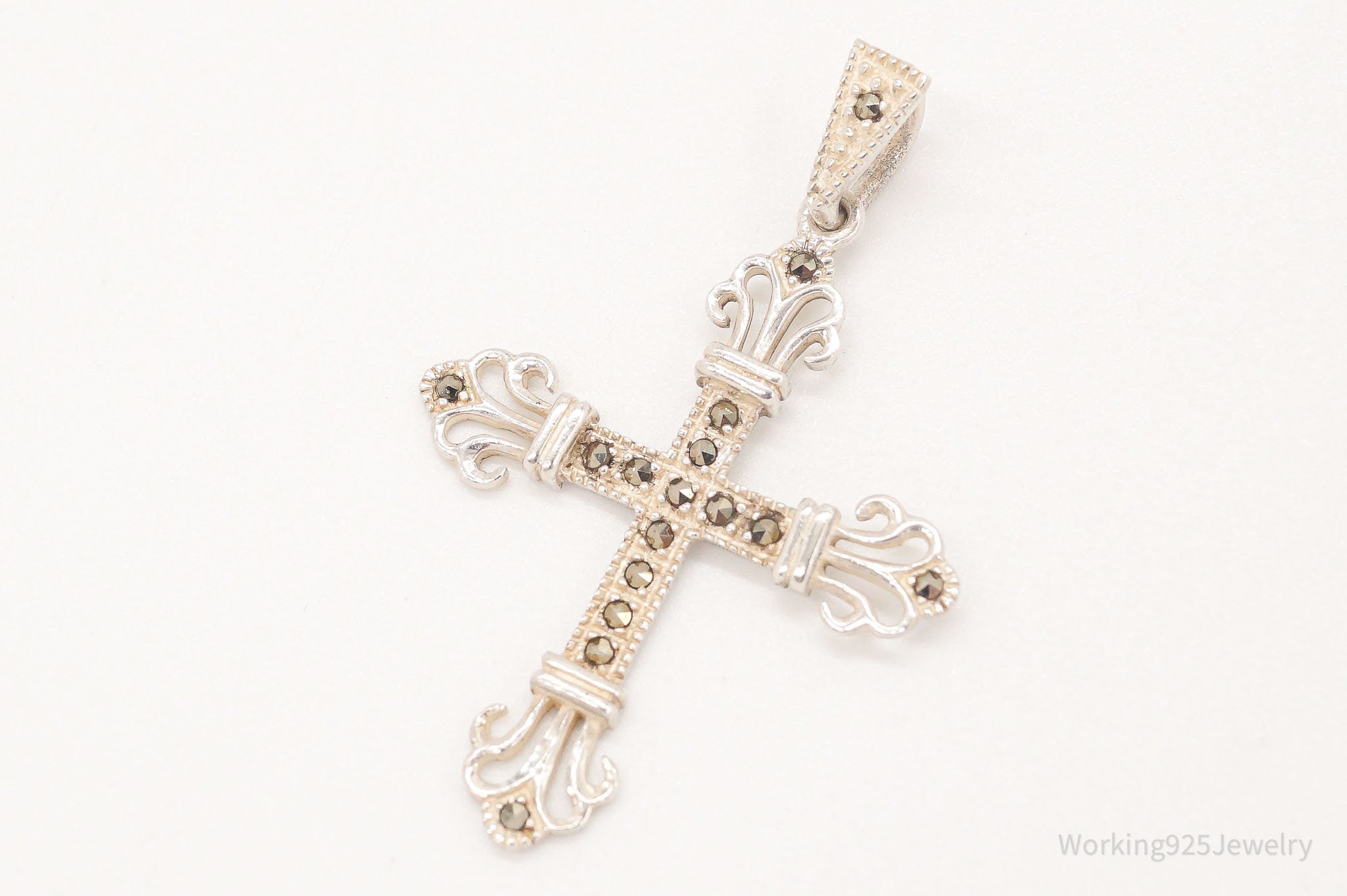 Vintage Marcasite Cross Sterling Silver Necklace Pendant