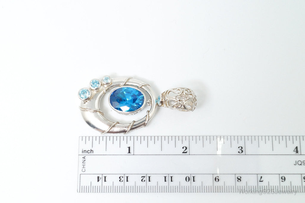 Vintage Art Deco Large Blue Topaz Sterling Silver Pendant