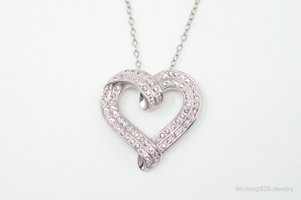 Vintage Designer RL Heart Pink Cubic Zirconia Sterling Silver Necklace
