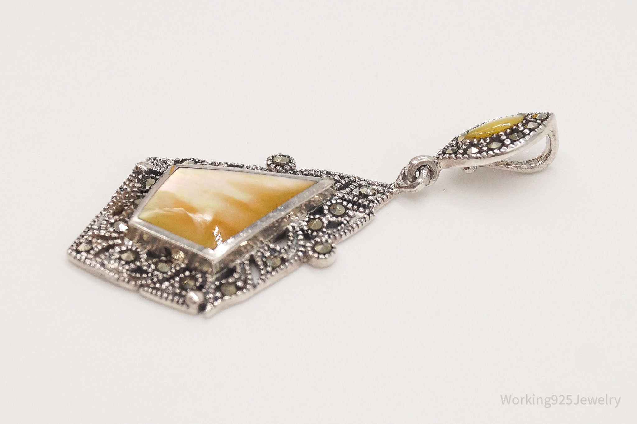 Vintage Art Deco Mother Of Pearl Marcasite Sterling Silver Pendant