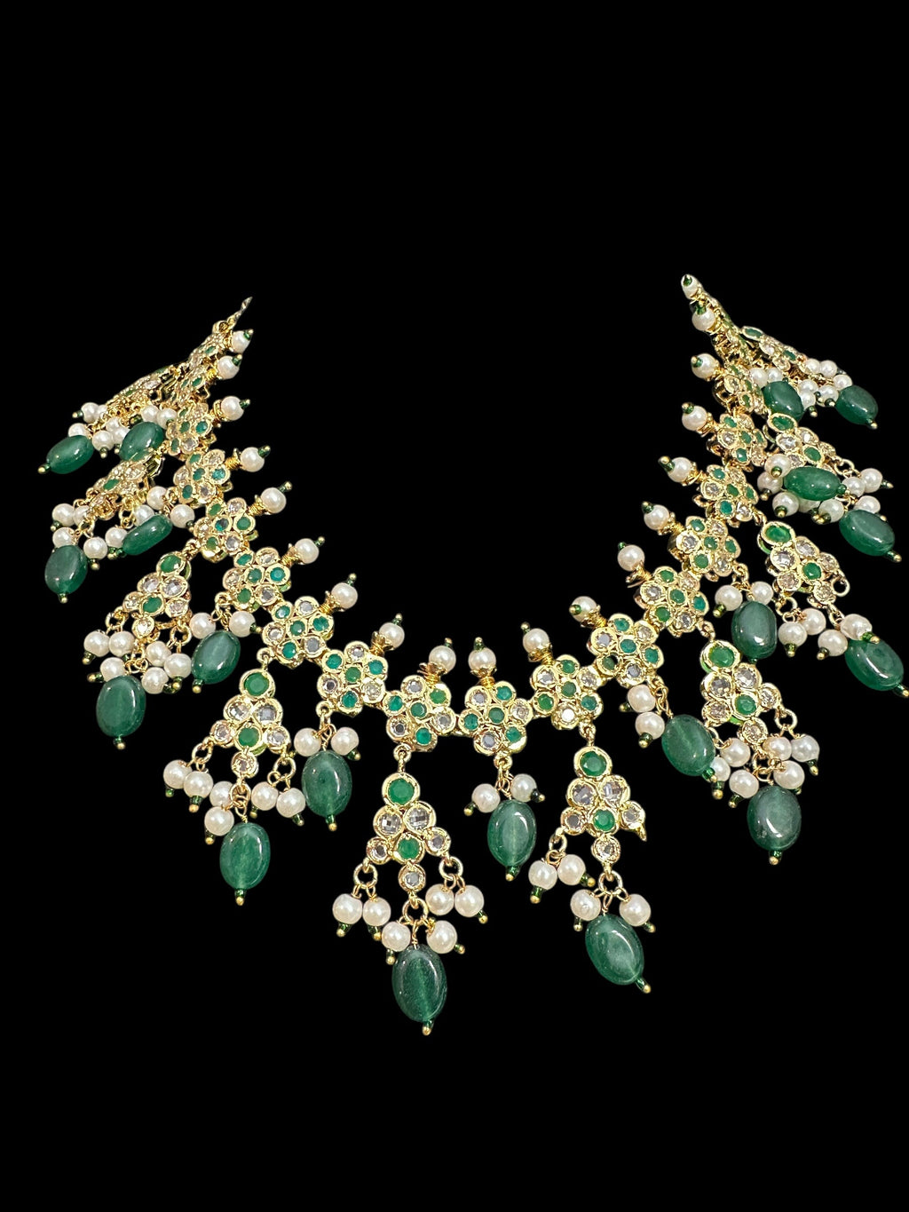 DNS151 Hyderabadi necklace with chandbali - green beads ( READY TO SHIP )