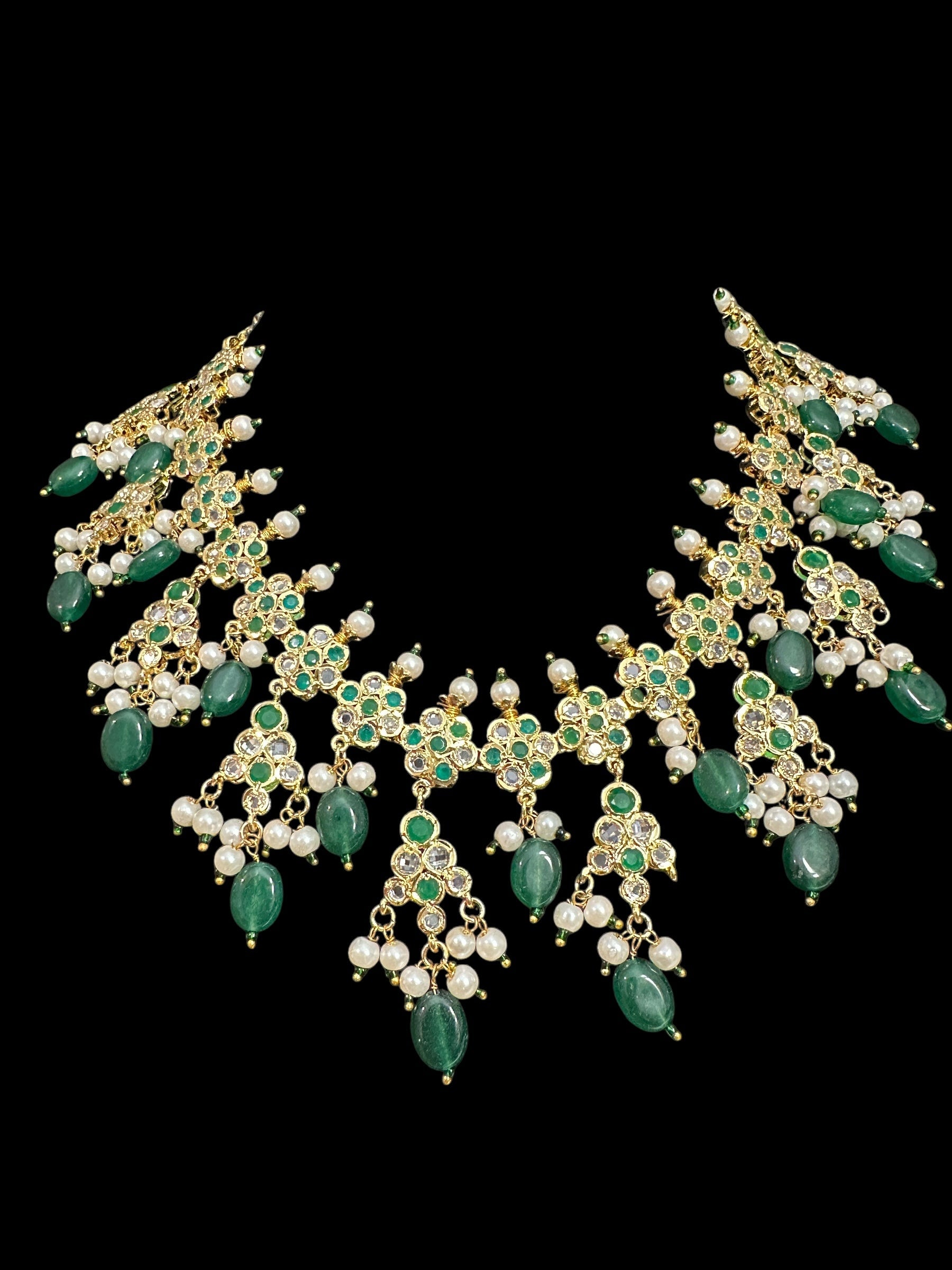 DNS151 Hyderabadi necklace with chandbali - green beads ( READY TO SHIP )