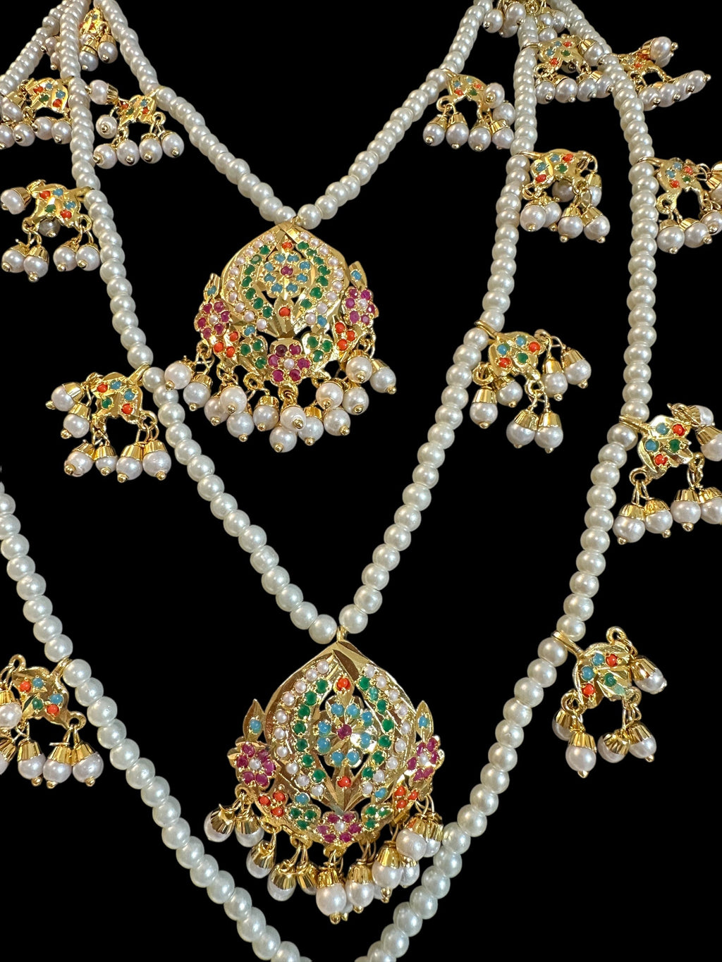 SAT112 Anya jadau 3 layered necklace / satlada in Navratan ( READY TO SHIP )