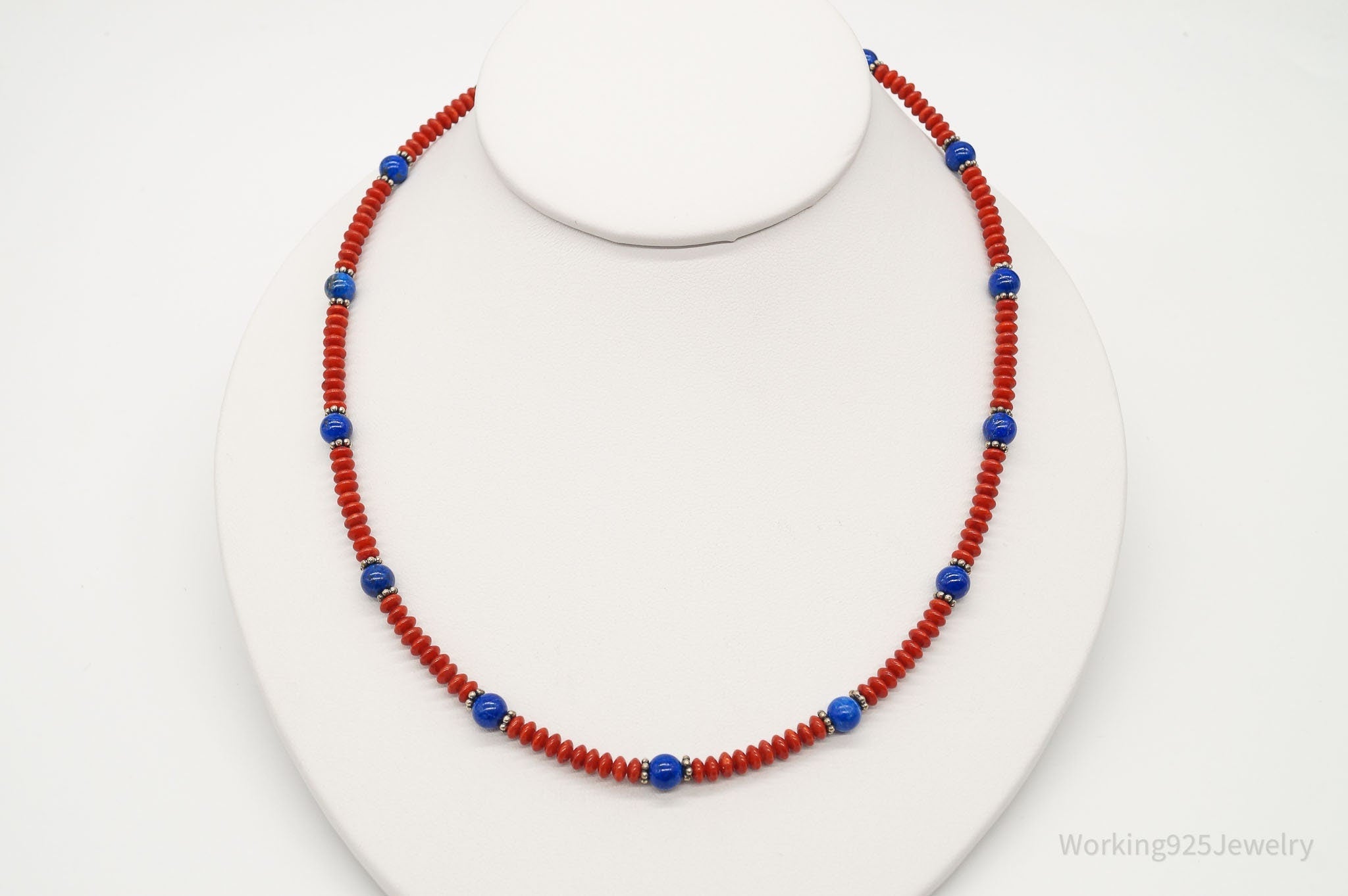 Vintage Handmade Native American Coral Lapis Lazuli Silver Beaded Necklace