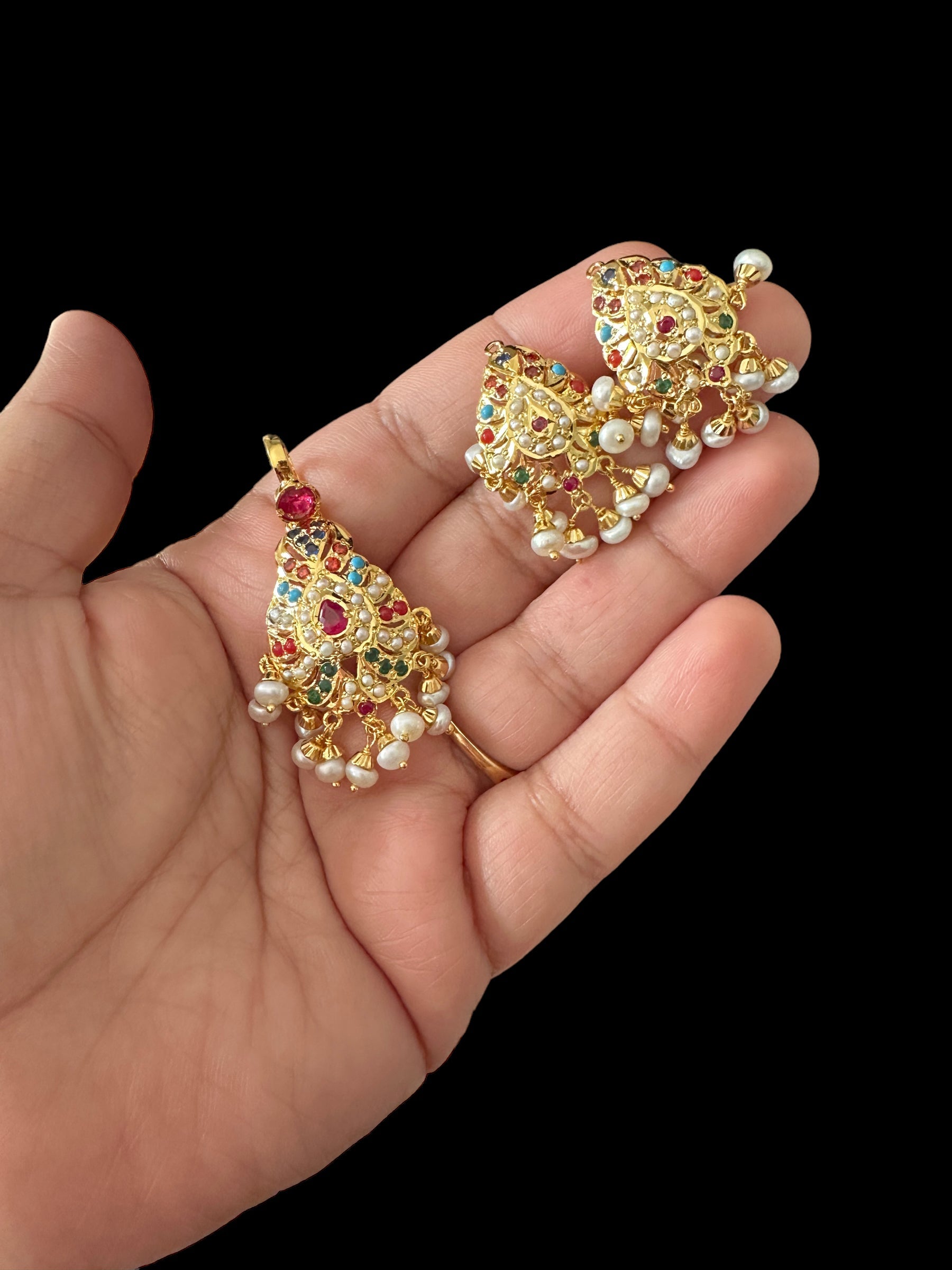 Gold plated jadau silver pendant set in navratan   ( READY TO SHIP )