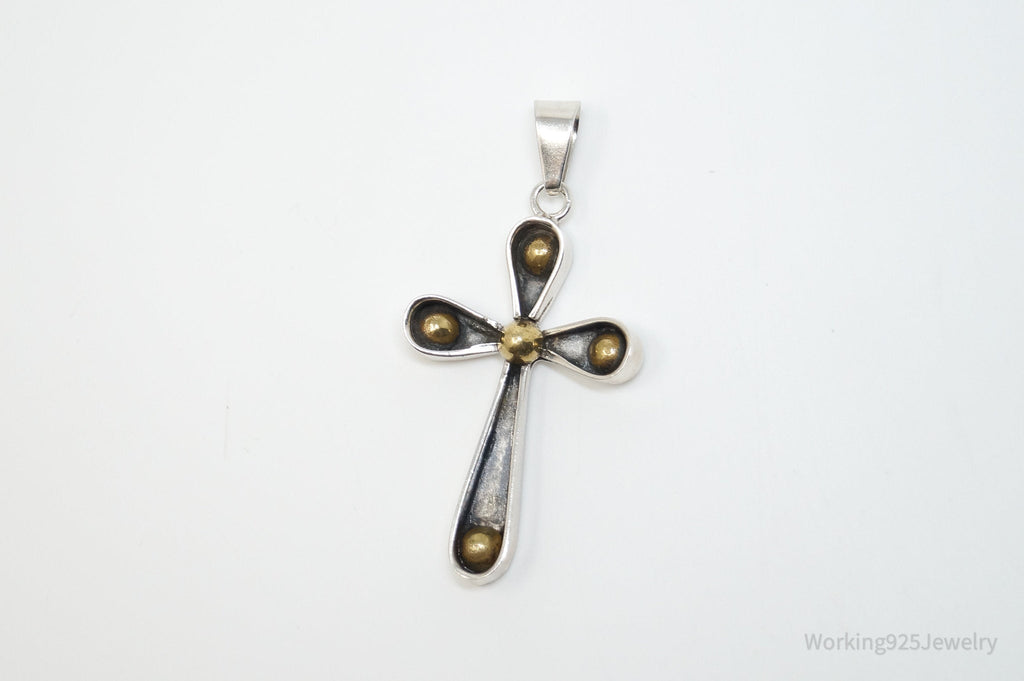 Vintage Large Taxco Mexico Cross Brass Sterling Silver Necklace Pendant