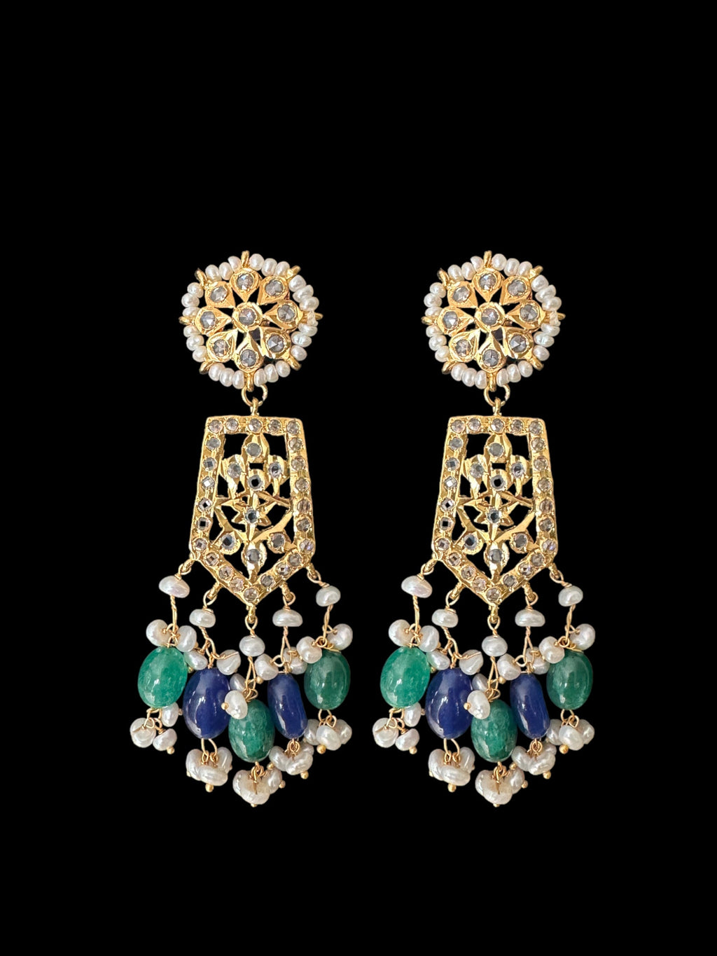DER598 Indu earrings with fresh water pearls and emerald sapphire beads ( SHIPS IN 2 WEEKS )