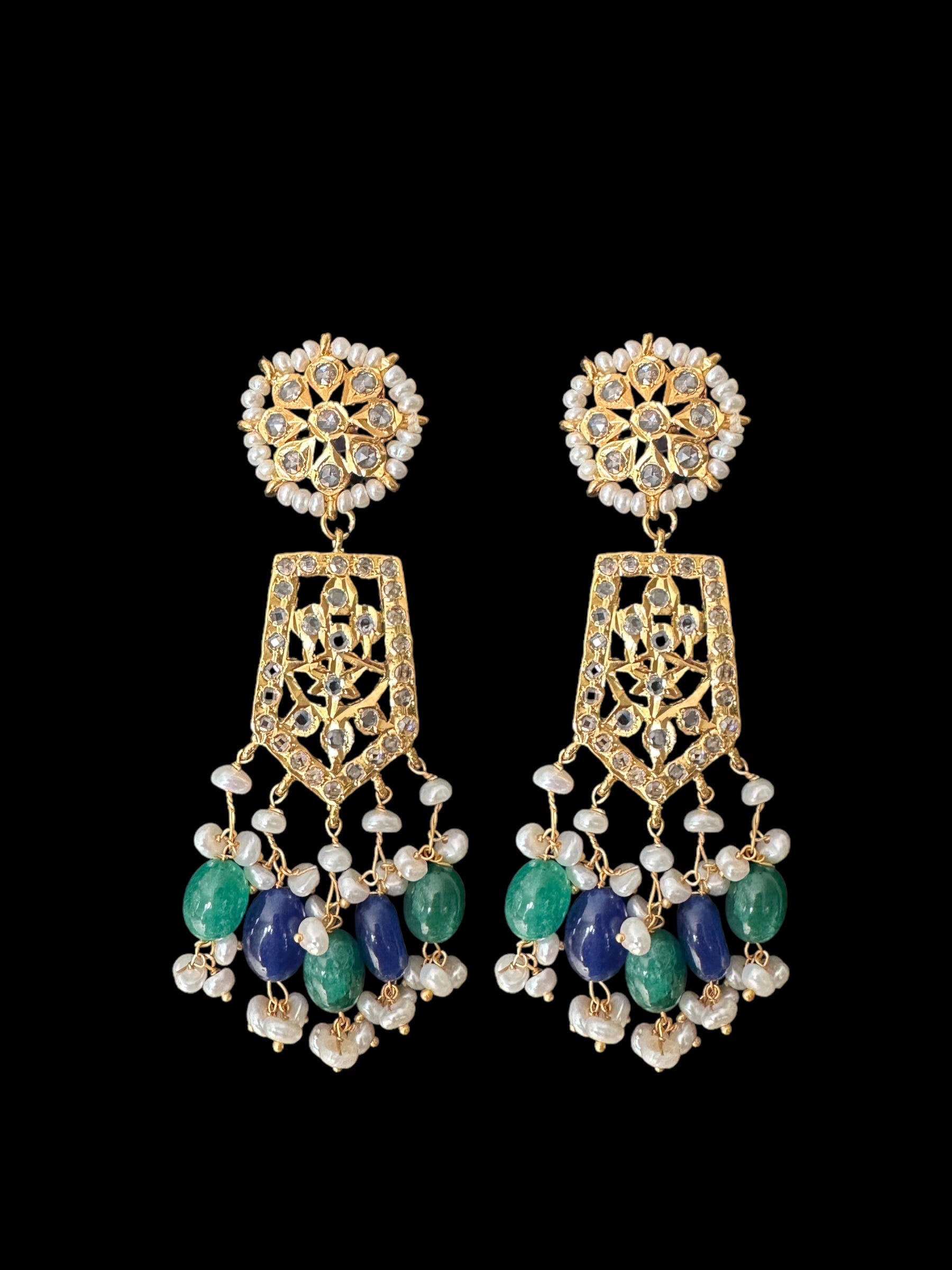 DER598 Indu earrings with fresh water pearls and emerald sapphire beads ( SHIPS IN 2 WEEKS )