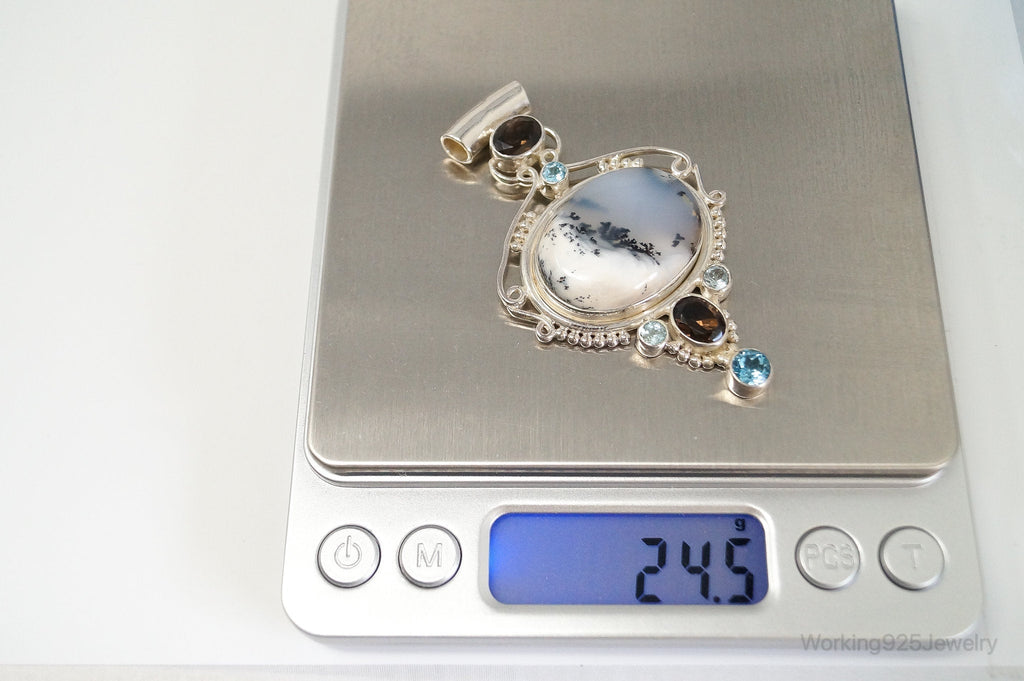 Large SAJEN Dendritic Agate Smoky Topaz Blue Topaz Sterling Silver Pendant