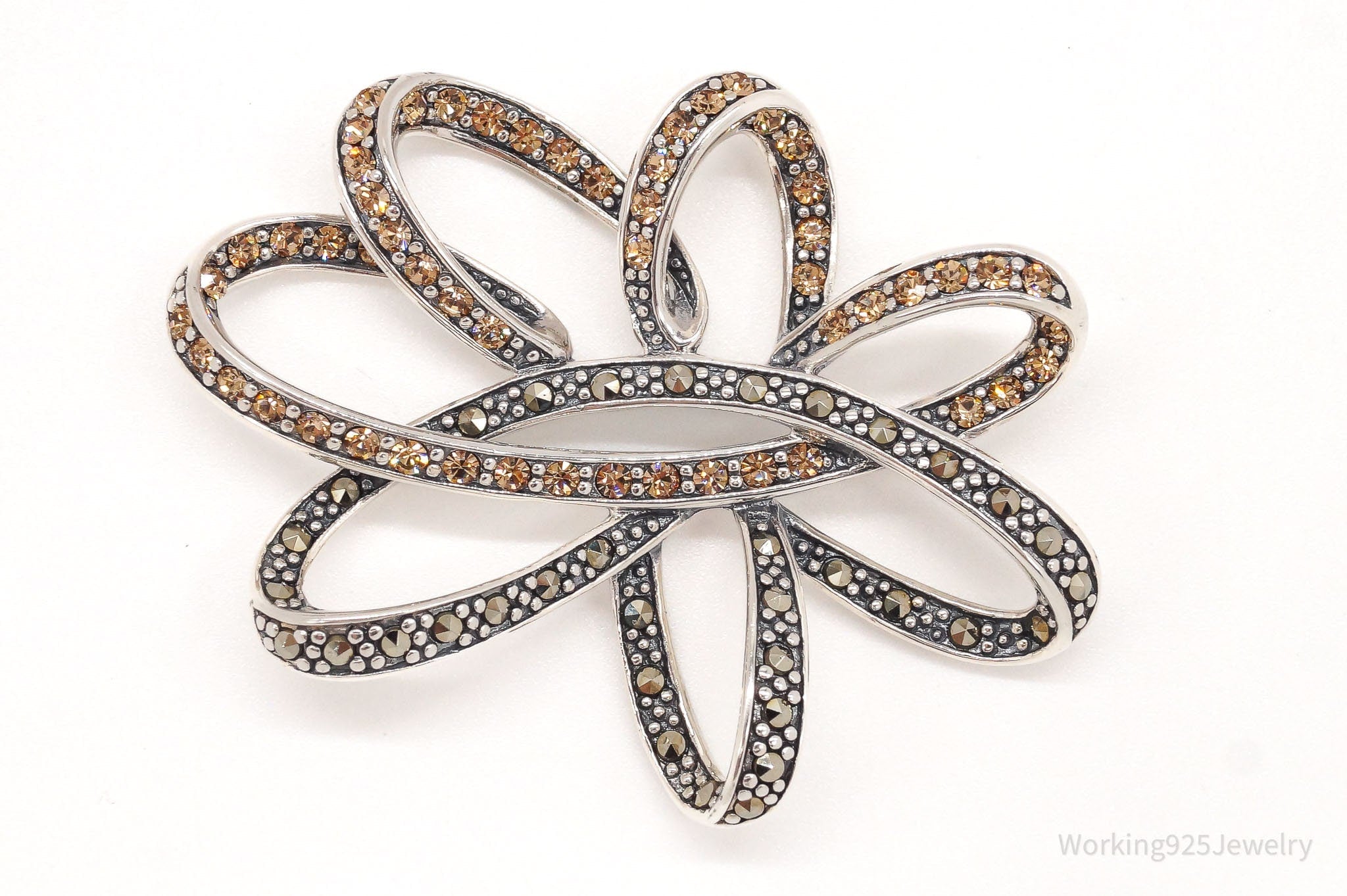 Large Vintage Marcasite Champagne Cubic Zirconia Sterling Silver Pendant