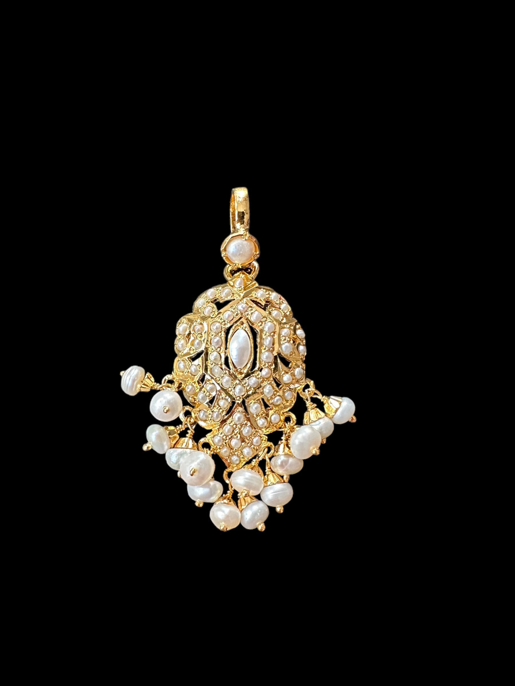 Gold plated jadau silver pendant set in fresh water pearls  ( SHIPS IN 4 WEEKS )