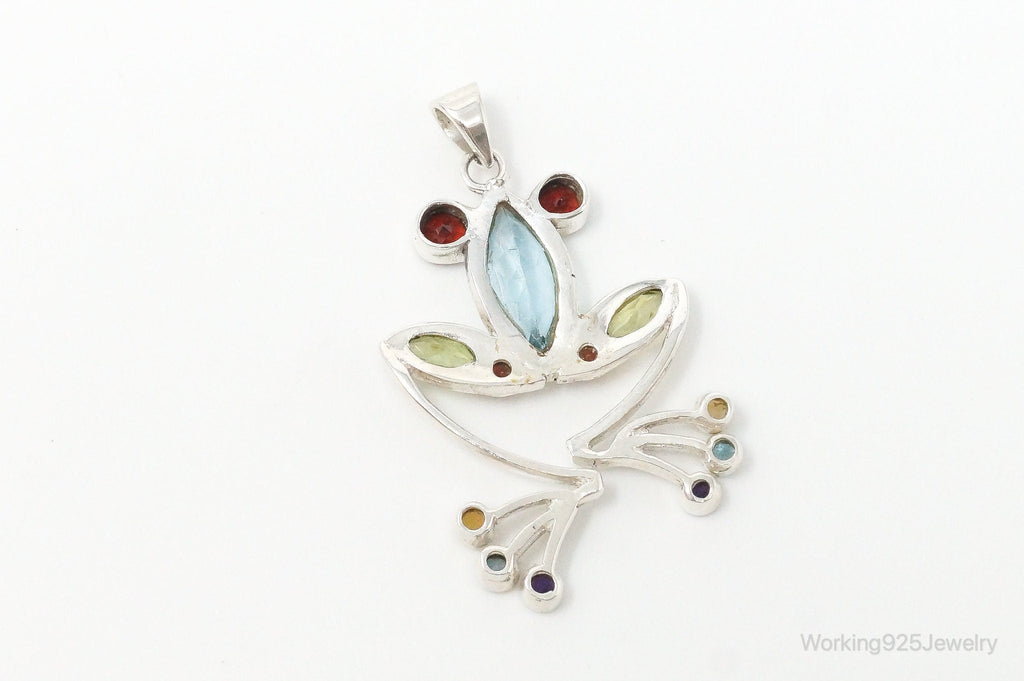 Vintage Multi Gem Tree Frog Sterling Silver Necklace Pendant