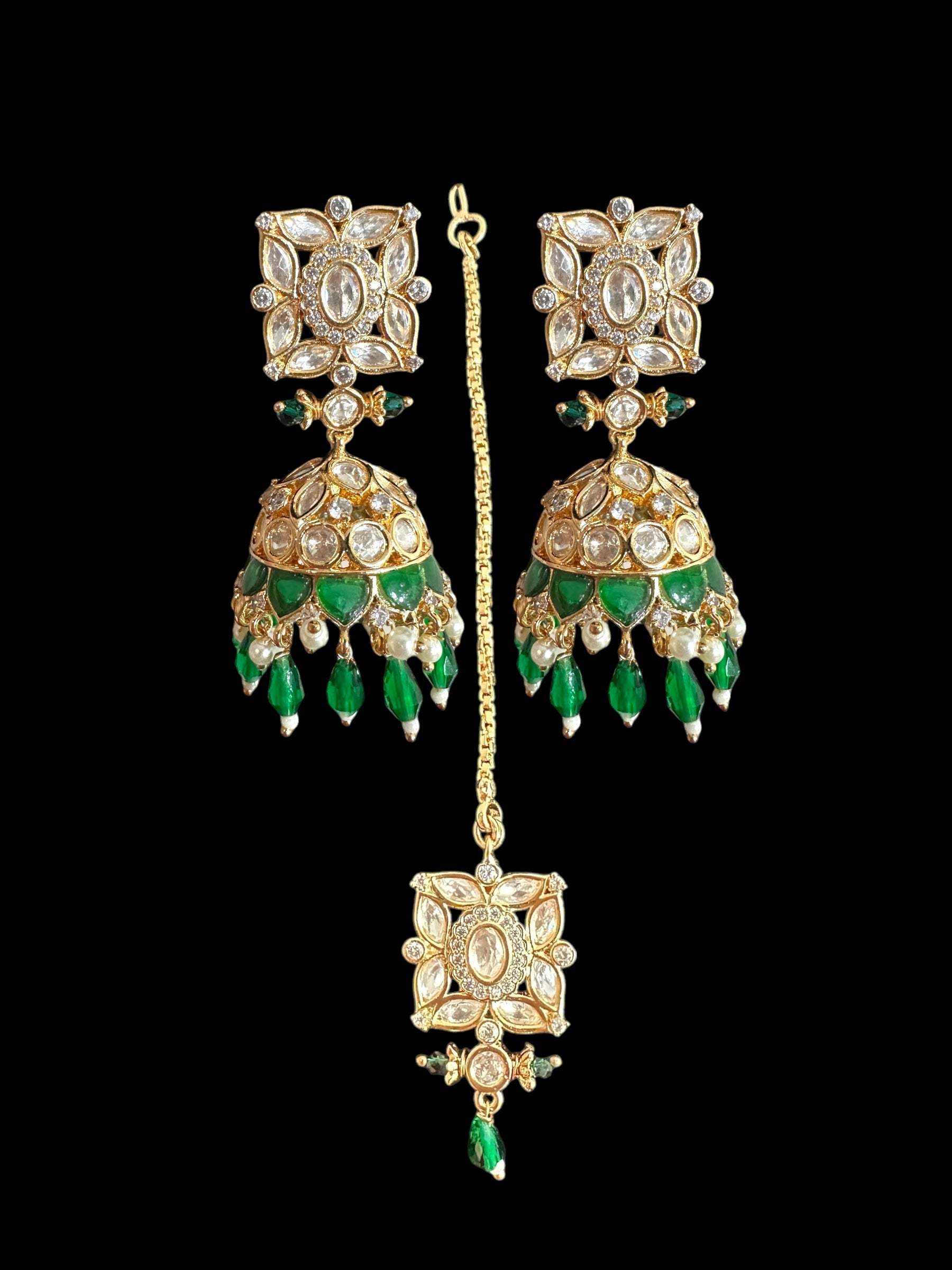 Kaheesha Polki jhumka and tika set in green ( READY TO SHIP )