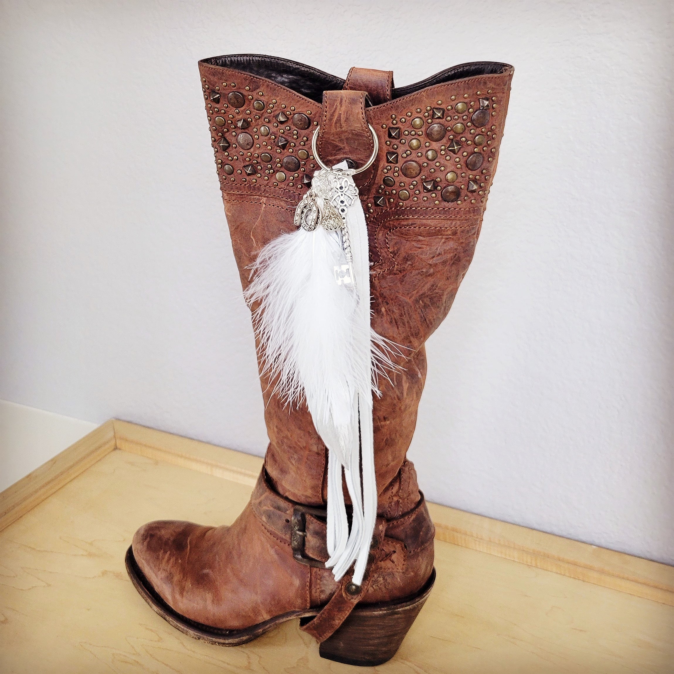 Wedding Boho Western Leather Boot Bling Charm Feather & Key 500L