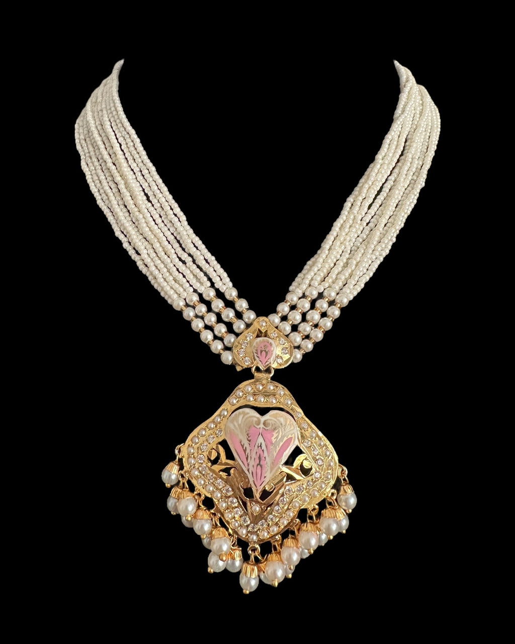 DNS192 punjabi Jadau necklace  set - pink &pearl    (READY TO SHIP)