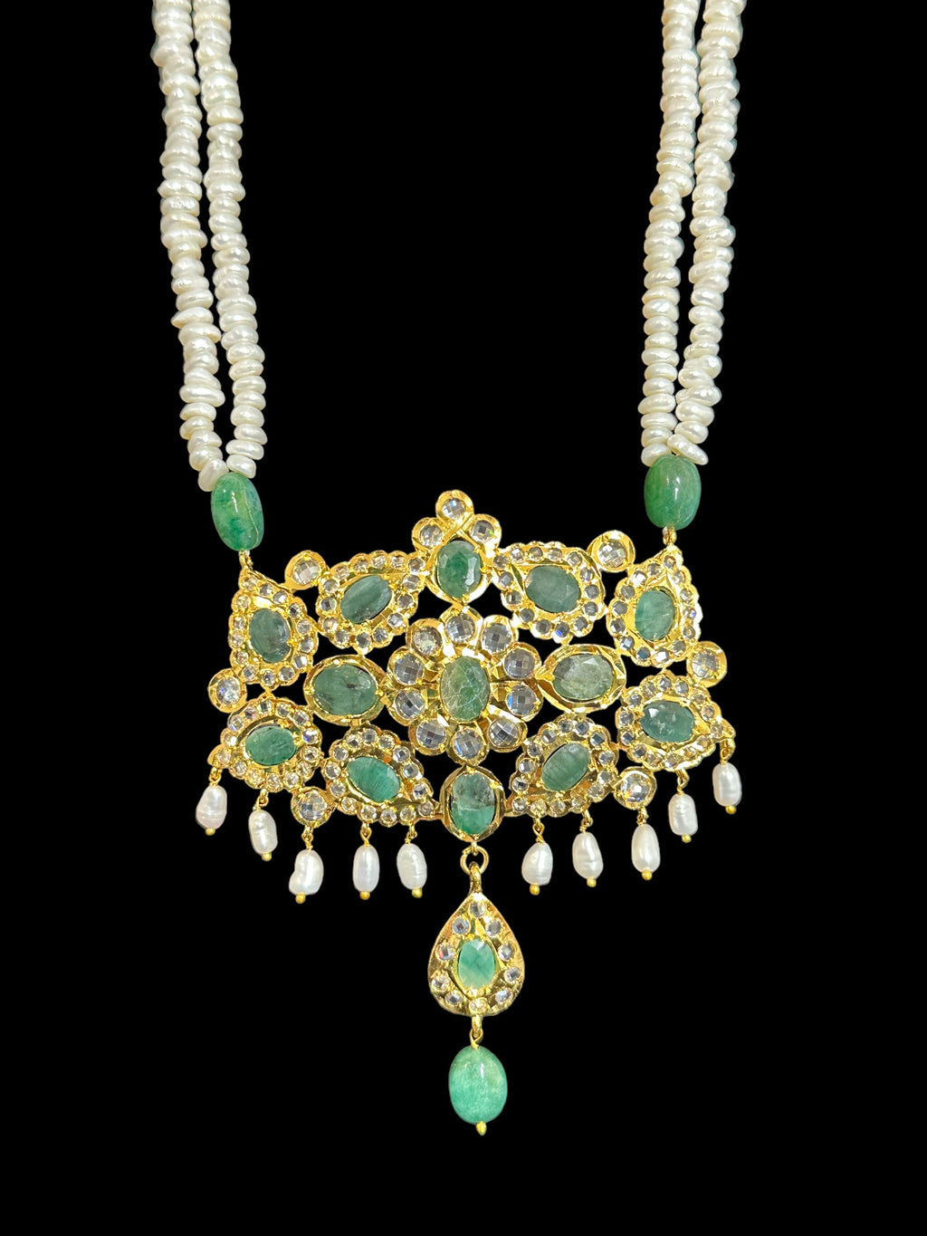 DLN35 Gold plated long necklace with emeralds and pearls ( SHIPS IN 4 WEEKS )
