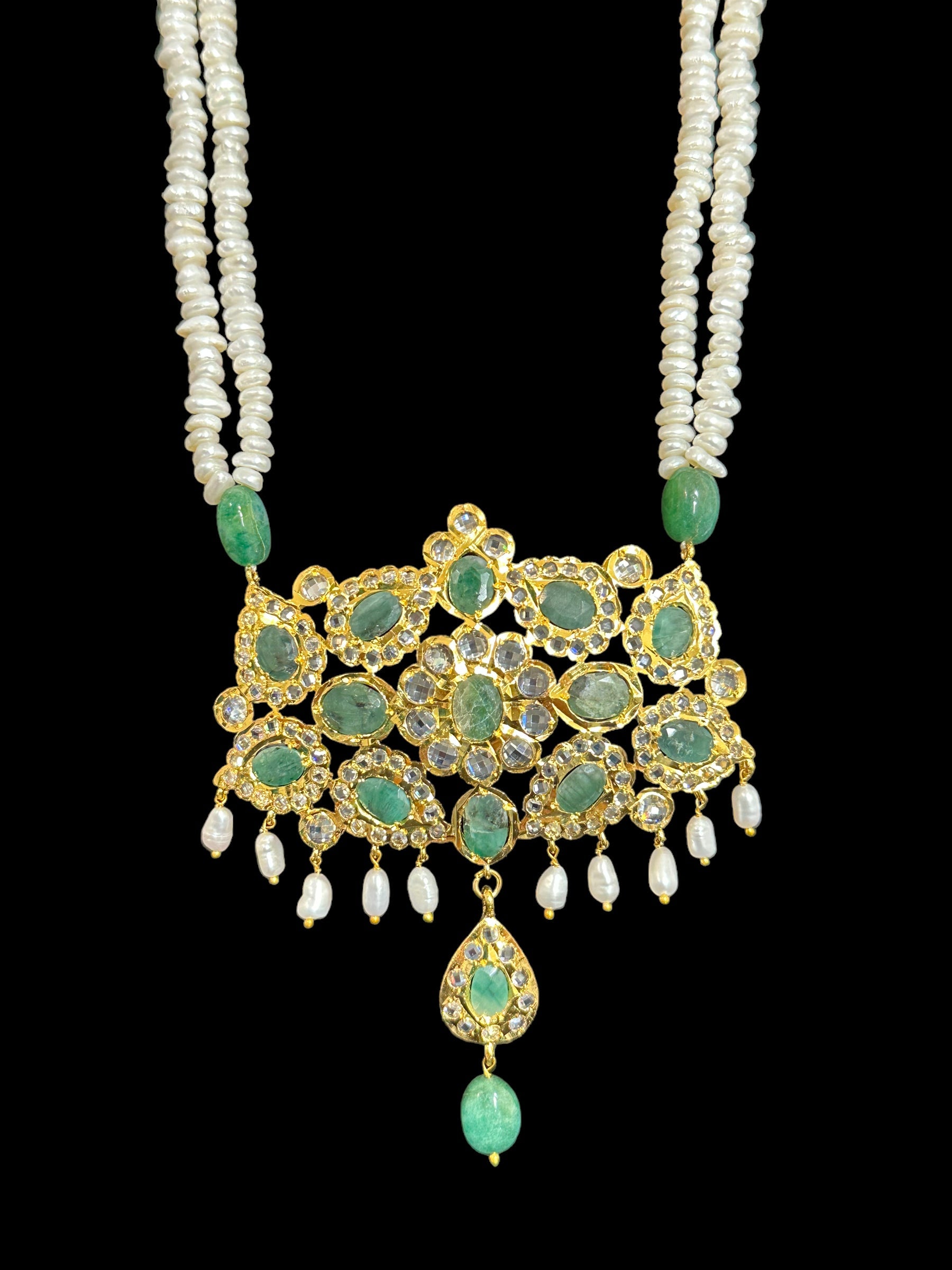 DLN35 Gold plated long necklace with emeralds and pearls ( SHIPS IN 4 WEEKS )