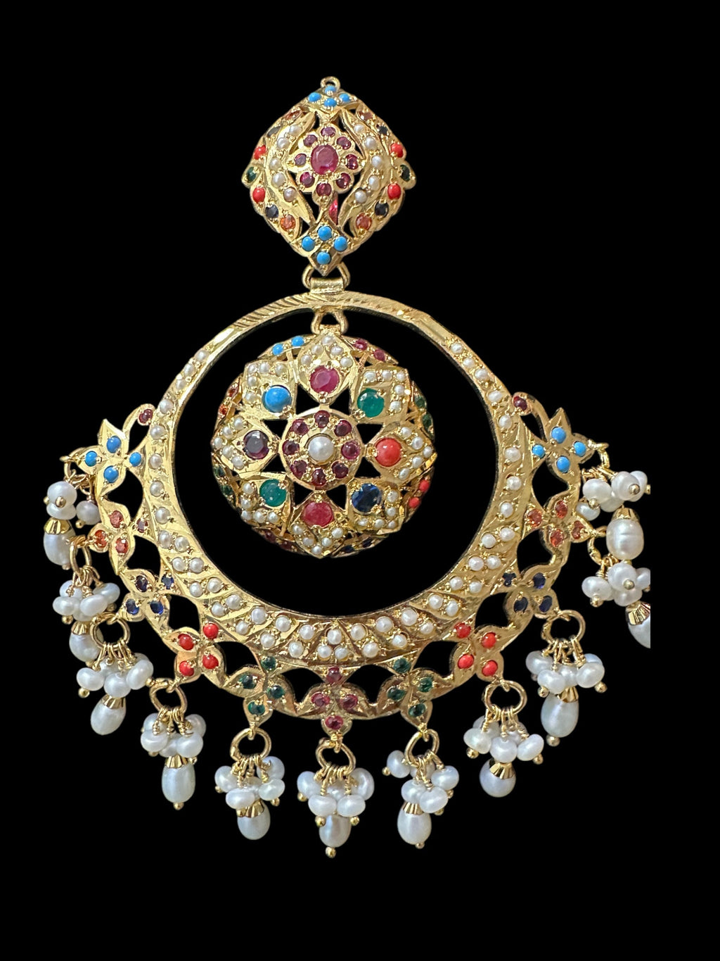 92.5 Silver Gold-Plated Earrings in Navratan with Freshwater Pearls – Handcrafted Jadau chandbali 
(READY TO SHIP )