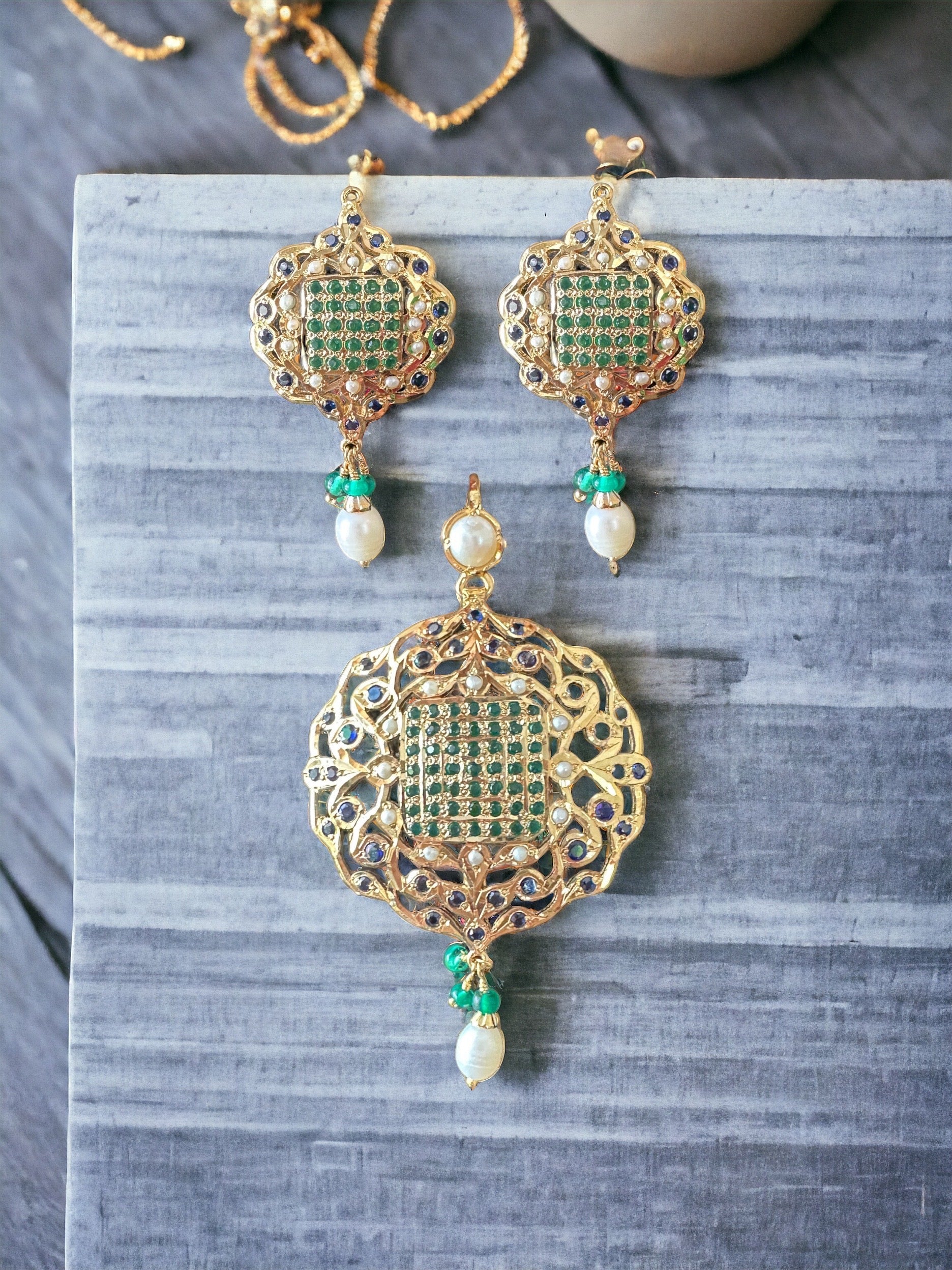 SAVERA Emerald sapphire gold plated silver pendant set ( READY TO SHIP )