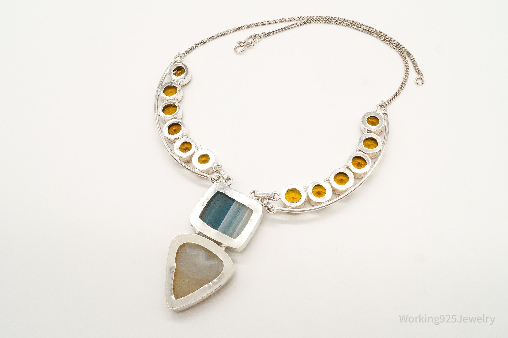 Large Lace Agate Citrine Sterling Silver Necklace