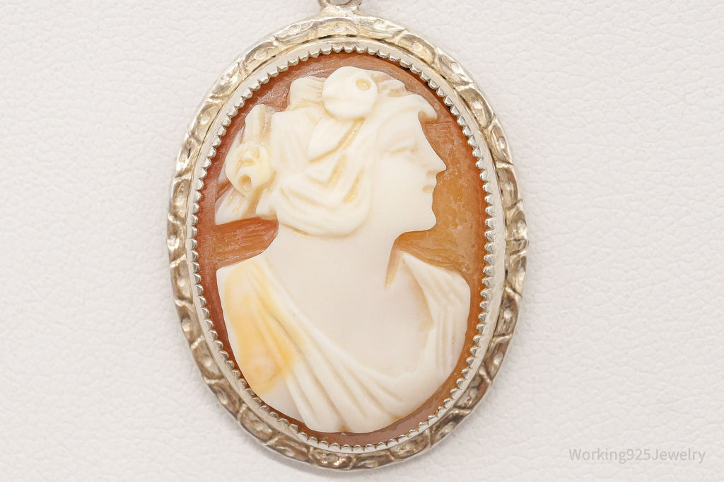 Antique Large Carved Shell Woman Cameo Sterling Silver Necklace