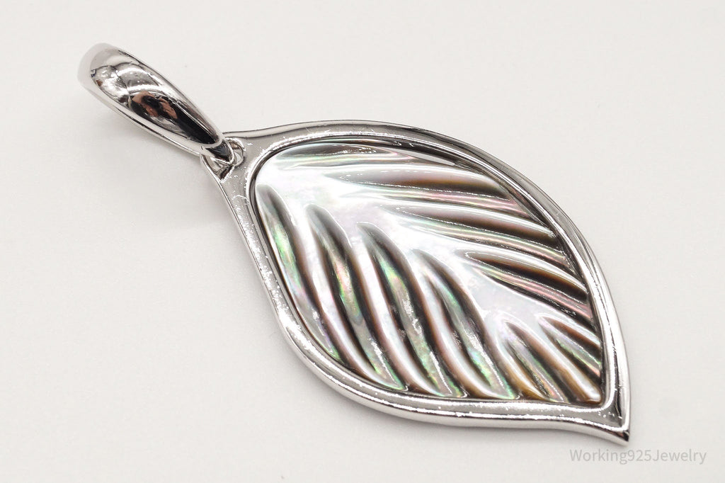 Large Vintage Carved Abalone Shell Sterling Silver Leaf Pendant