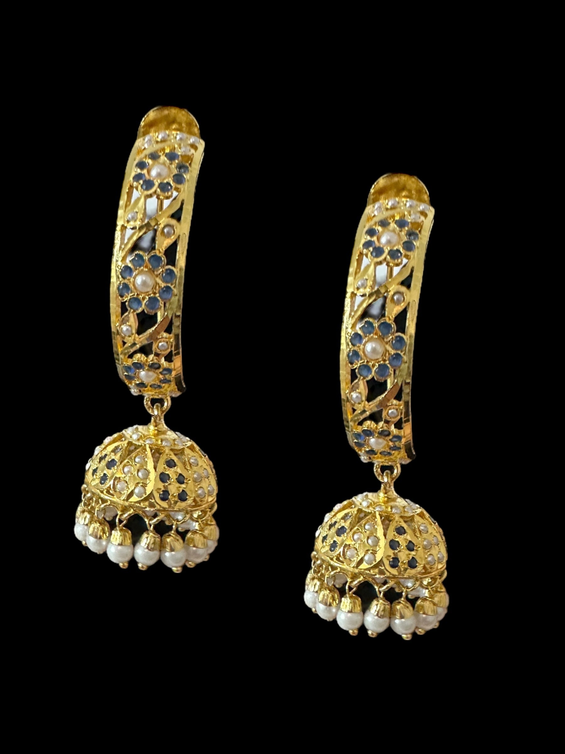 DER805 Jadau jhumka/hoop earrings in sapphire pearl combination ( SHIPS IN 3 WEEKS )