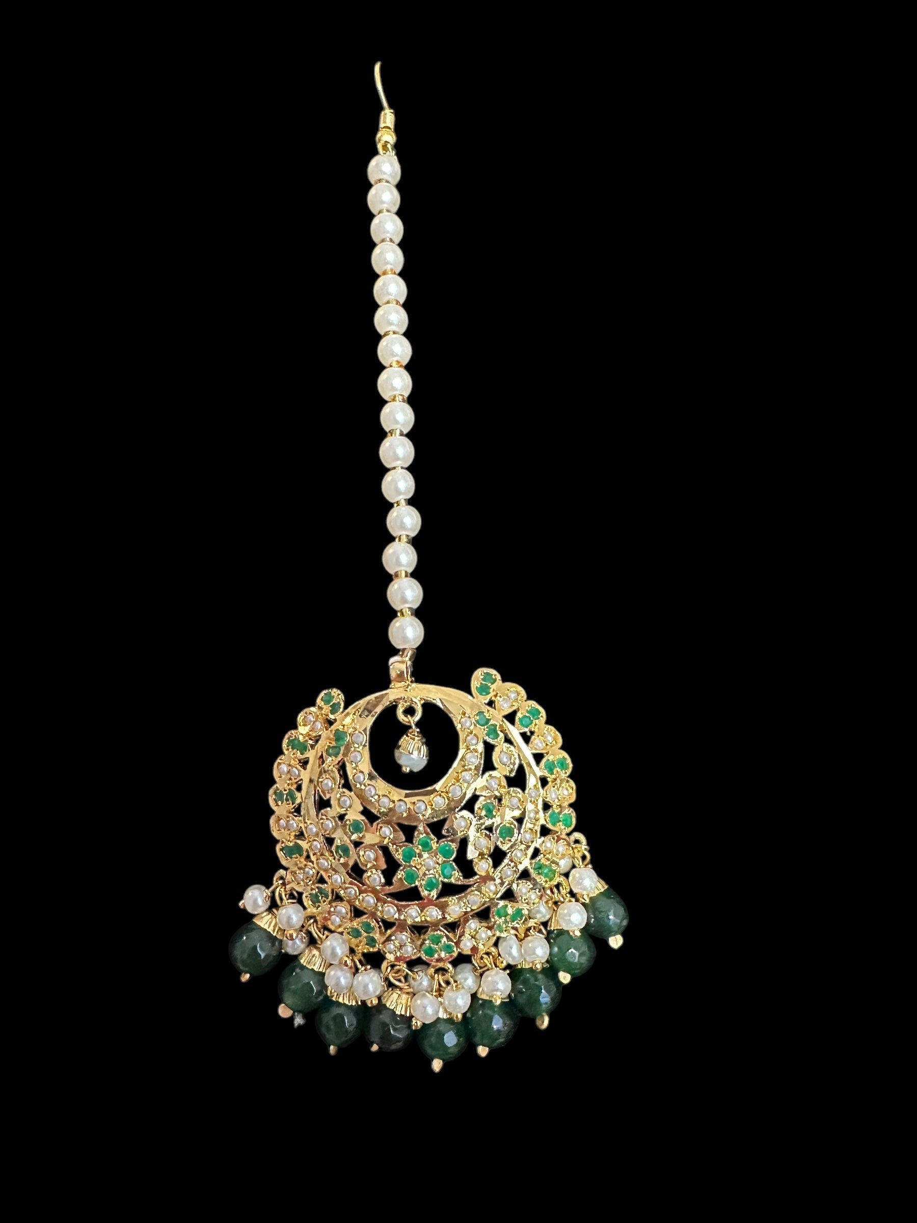 Dafiya Gold Plated emerald Chandbali Earrings & Tika Set | Ready to Ship | Deccan Jewelry