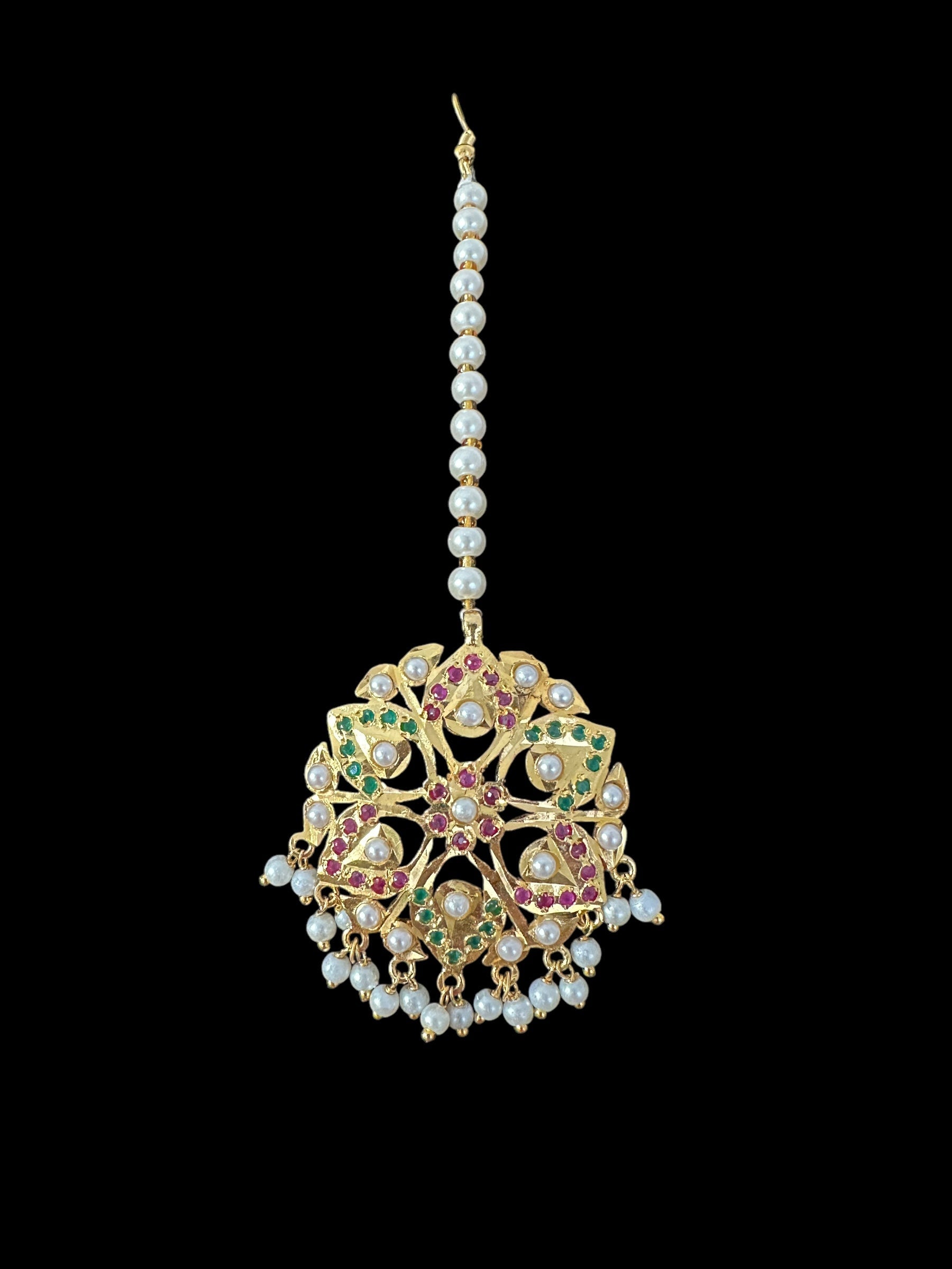 DNS190  Gold-Plated jadau ruby emerald  Hasli Necklace with earrings tika  – Handcrafted Traditional Set ( READY TO SHIP )