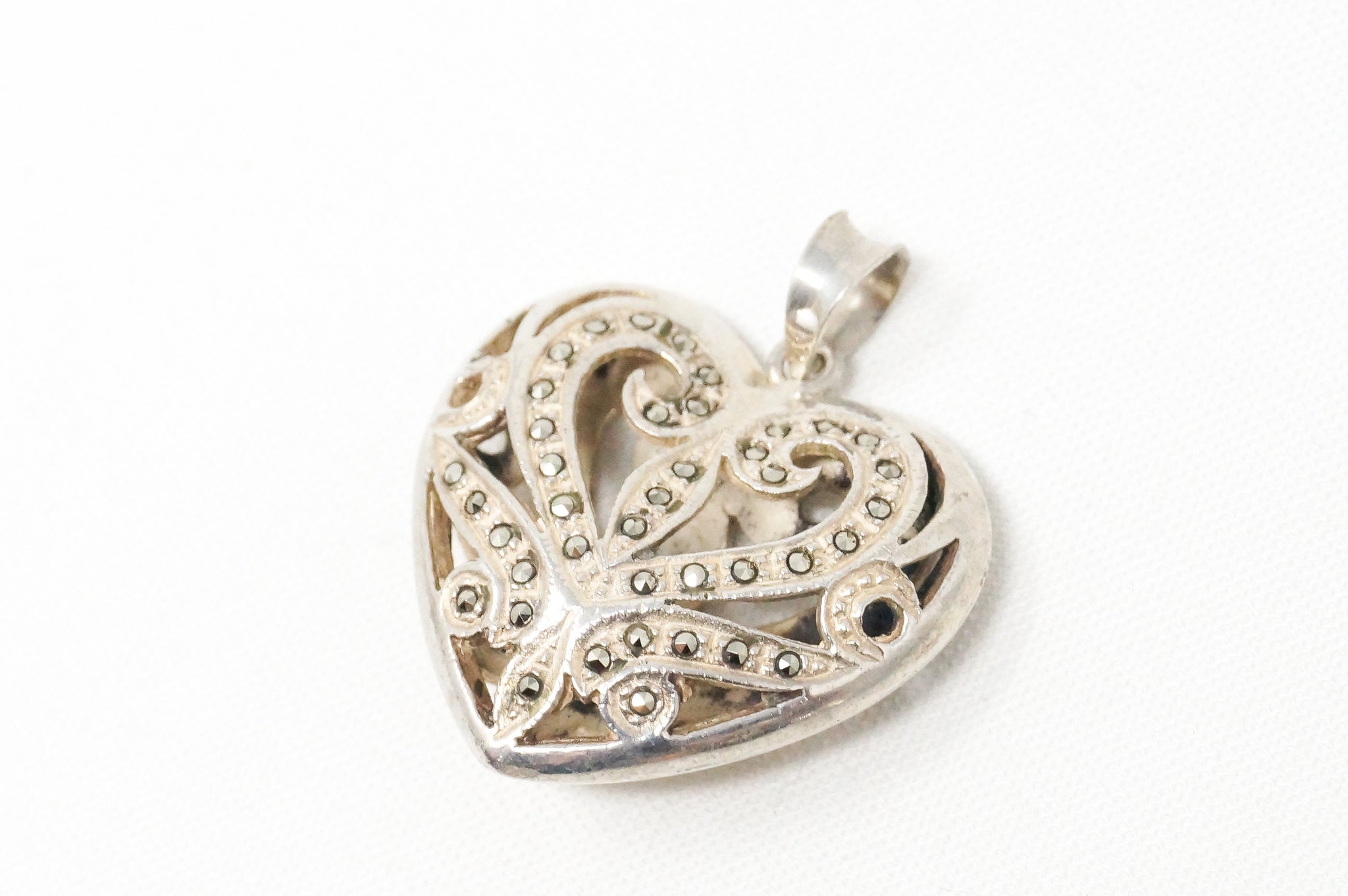 Vintage Marcasite Heart Cut Out Swirl Art Deco Sterling Silver Necklace Pendant
