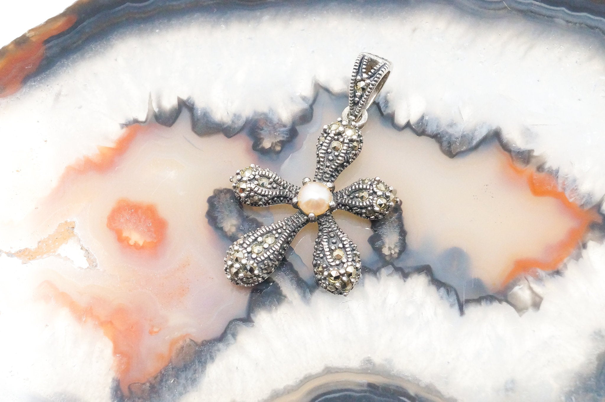 Vintage Flower Pearl Marcasite Sterling Silver Necklace Pendant