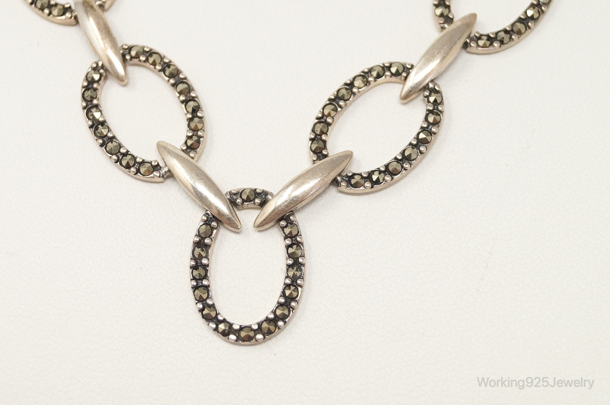 Vintage Marcasite Art Deco Oval Link Sterling Silver Necklace