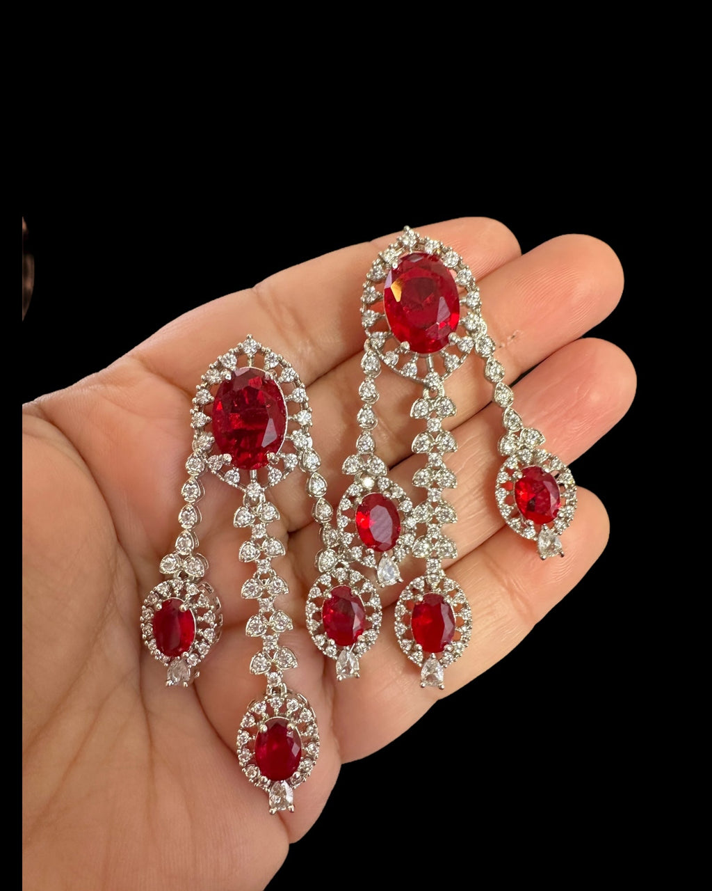 DER770  cz earrings  - Ruby, silver plated  ( READY TO SHIP )