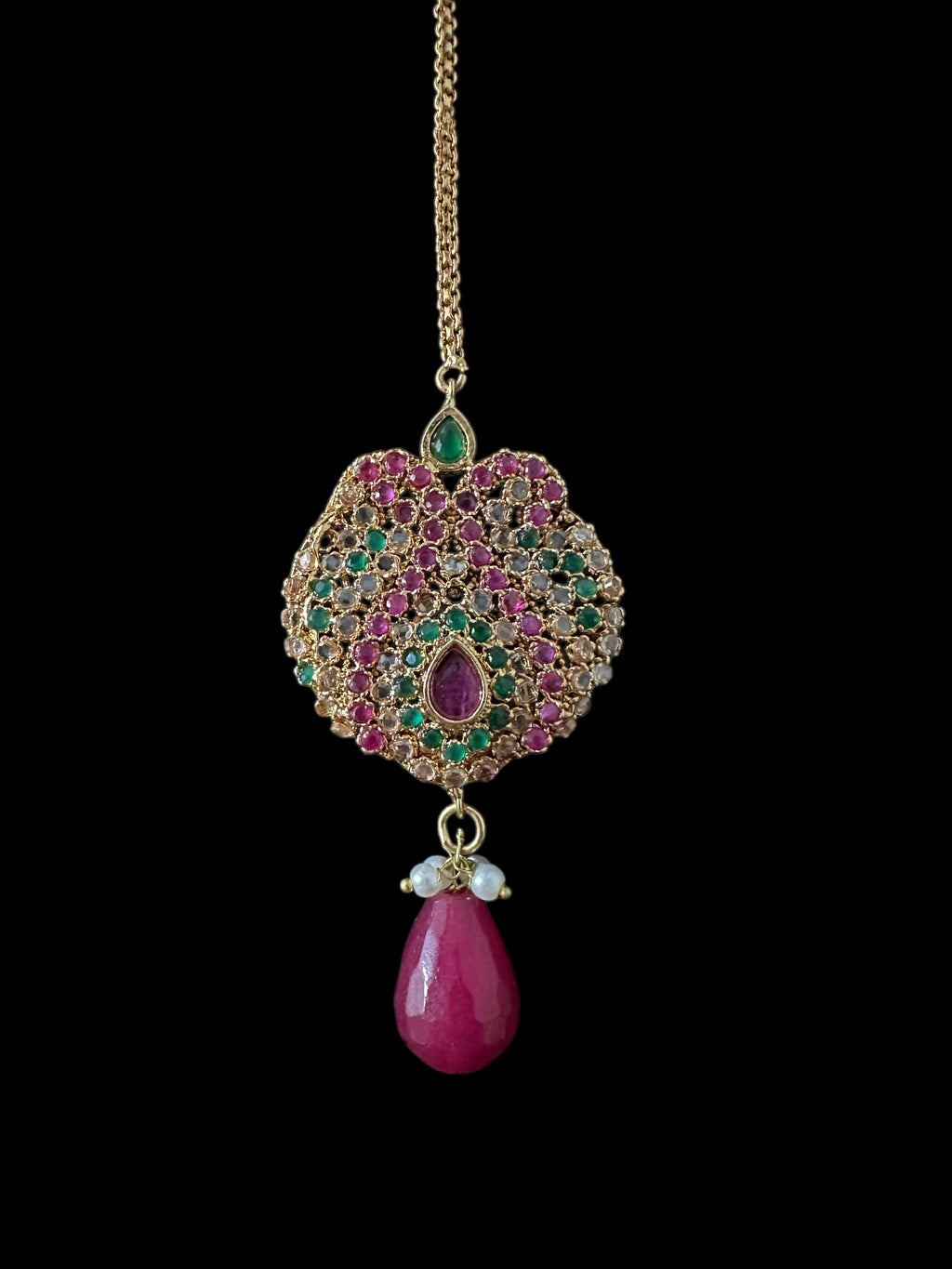 BR463  Deepa multicolor bridal cz necklace set with jhoomar tika ( READY TO SHIP )