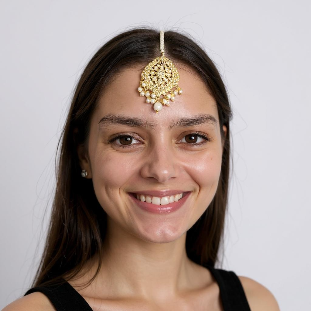 DJET500 Megha jadau earrings tika set  in pearl ( READY TO SHIP )