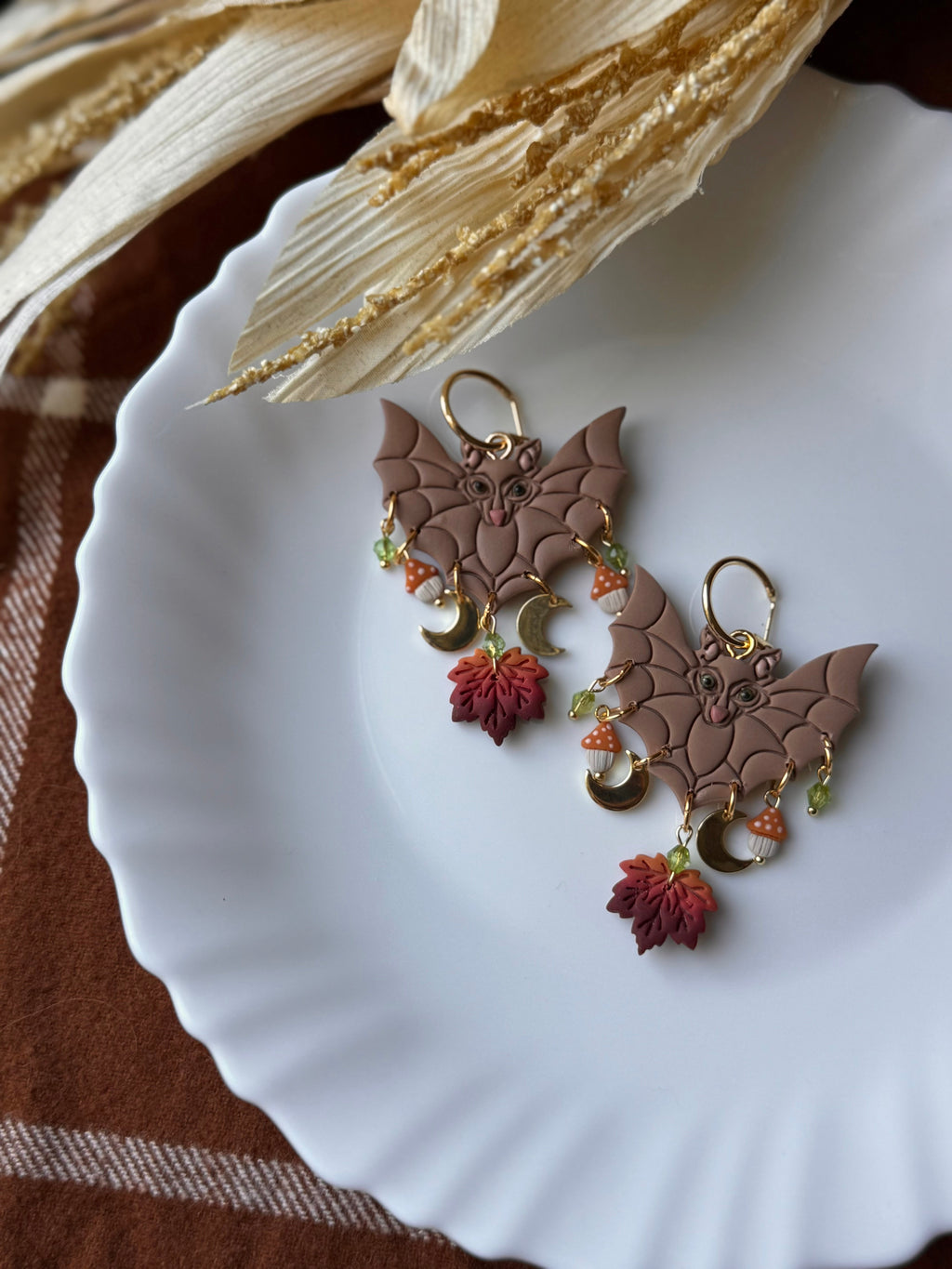 Autumn Beaded Bat Earrings, Brown