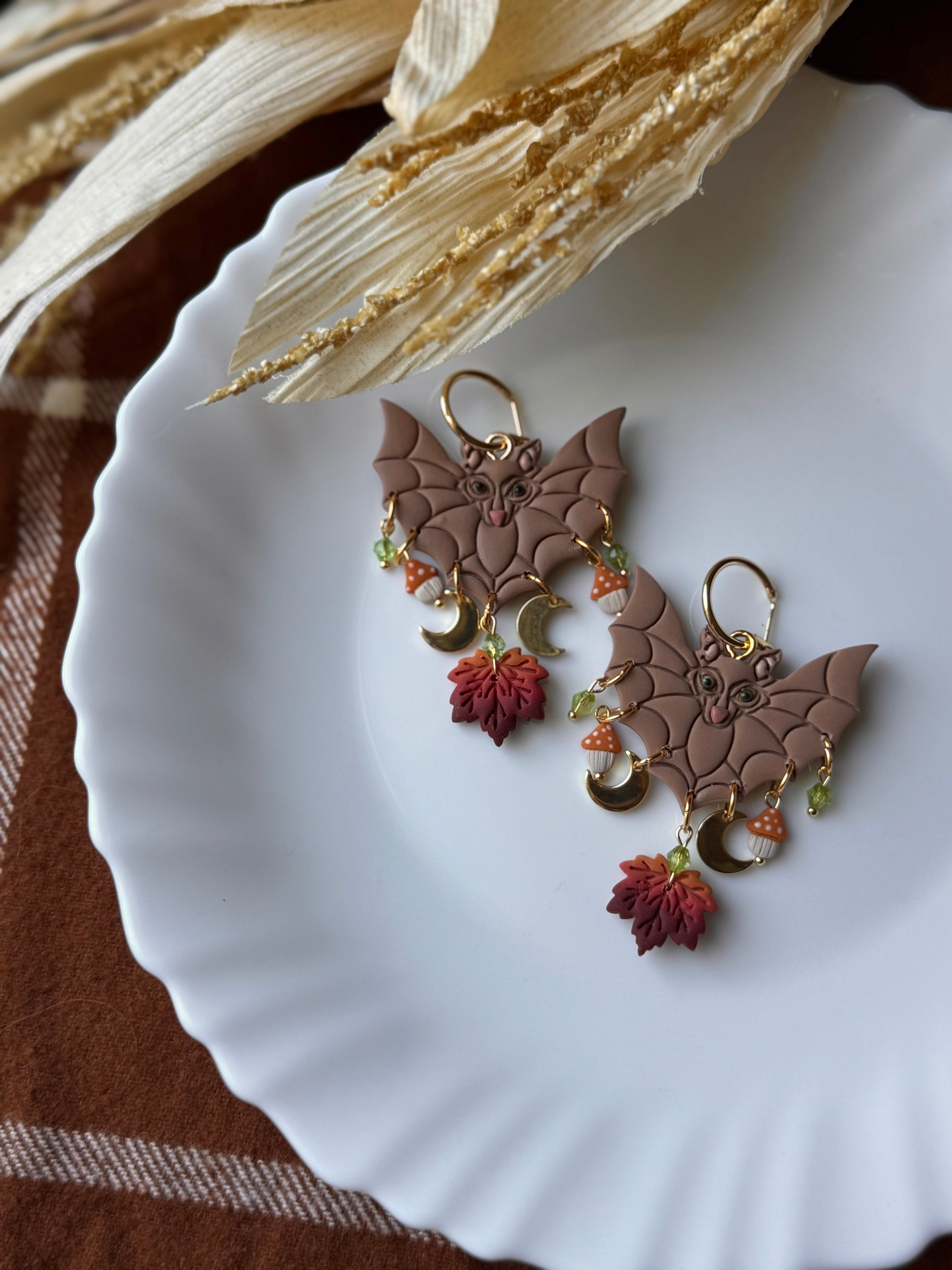 Autumn Beaded Bat Earrings, Brown