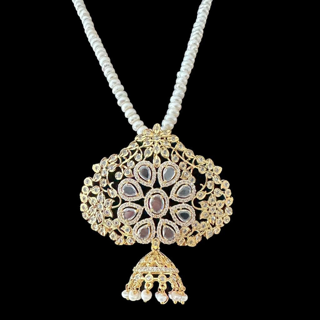 PS318  fresh water pearl pendant set in clear stones   ( READY TO SHIP )