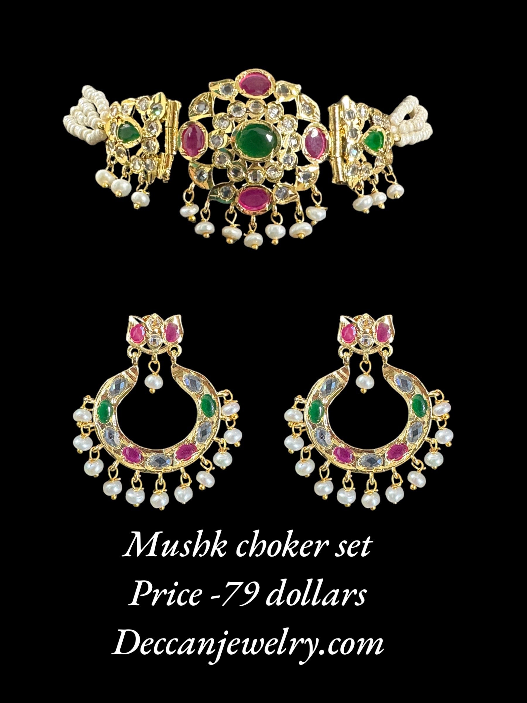 C329 MUSHK hyderabadi choker with earrings -Ruby emerald  ( SHIPS IN 3 WEEKS  )