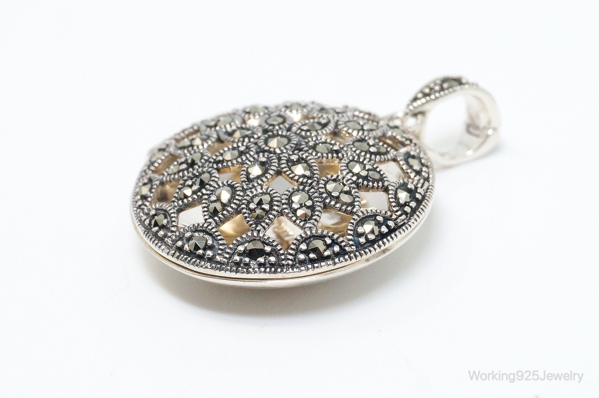 Vintage Marcasite Art Deco Cut Out Locket Sterling Silver Pendant