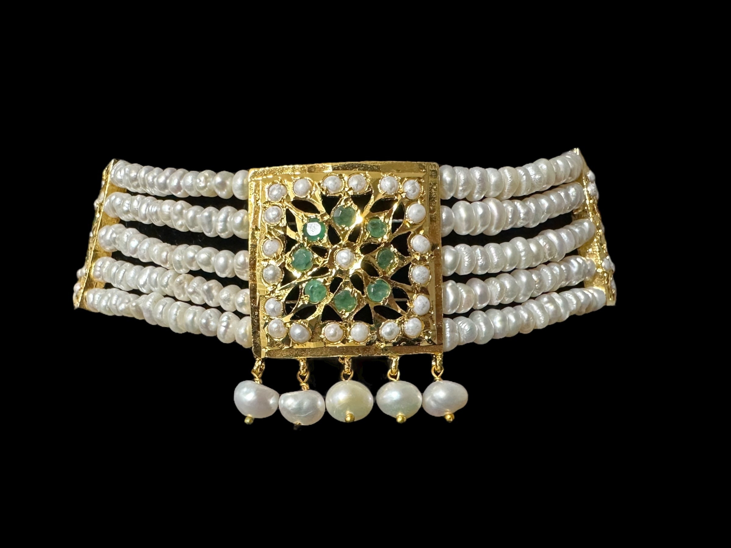 C509 Ariha hyderabadi choker in fresh water pearls and emeralds ( READY TO SHIP )