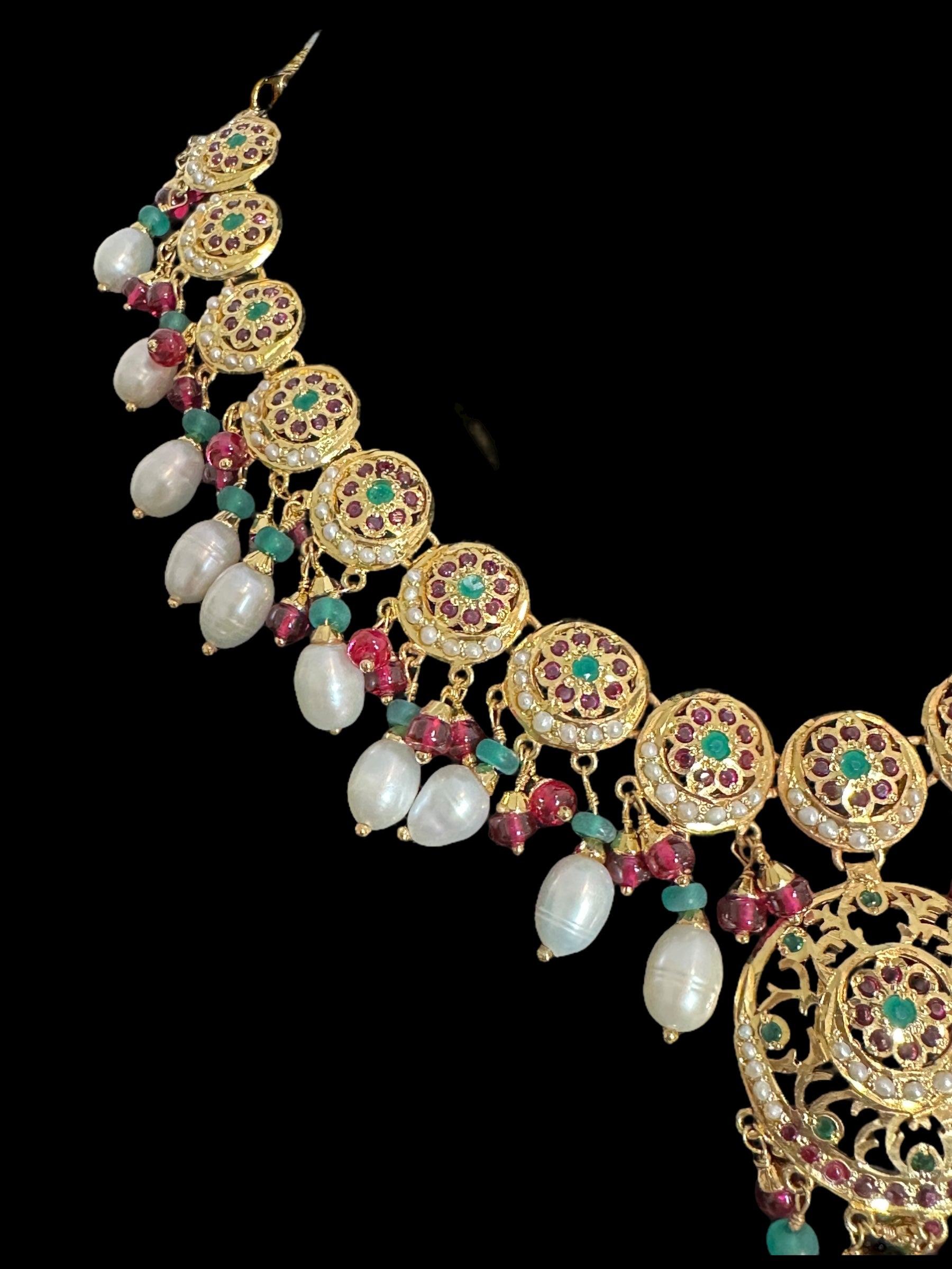 SN20 Ruby emerald pearl necklace with earrings|92.5silver gold plated ( READY TO SHIP )